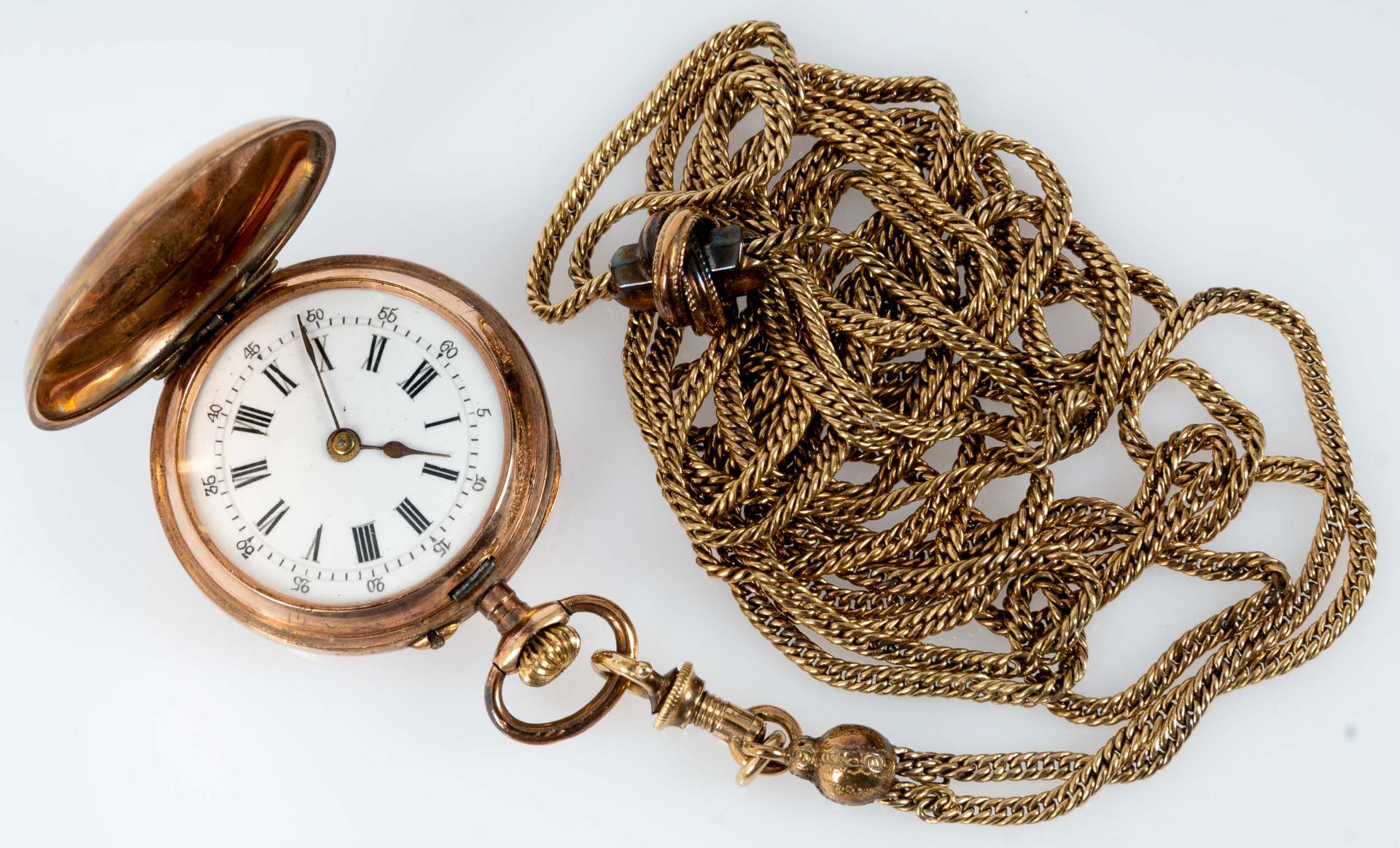 Antike, feine Damentaschenuhr an langer Uhrenkette. Rotgold 14 kt., Uhr um 1890; Durchmesser ca. 2, - Bild 13 aus 13