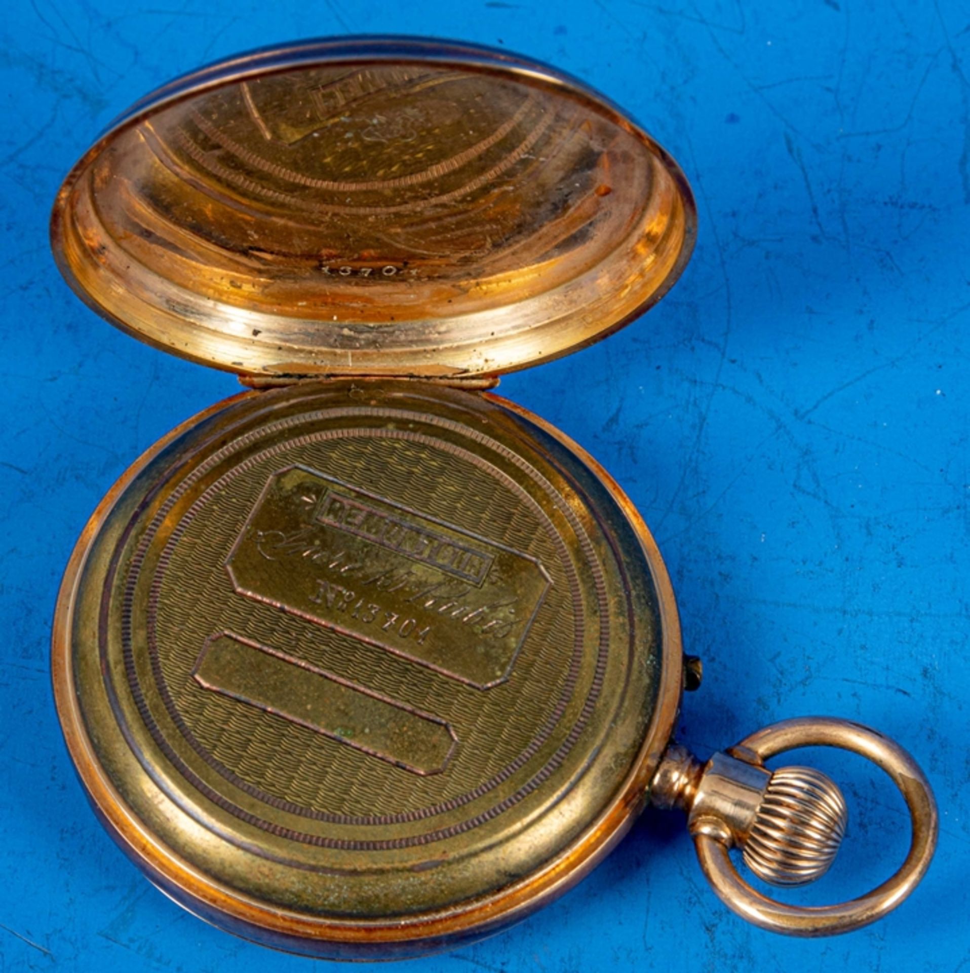 Antike Sprungdeckeltaschenuhr um 1900, vergoldeter Staubdeckel, Glas defekt, Werk ungeprüft, Gehäus - Bild 7 aus 15