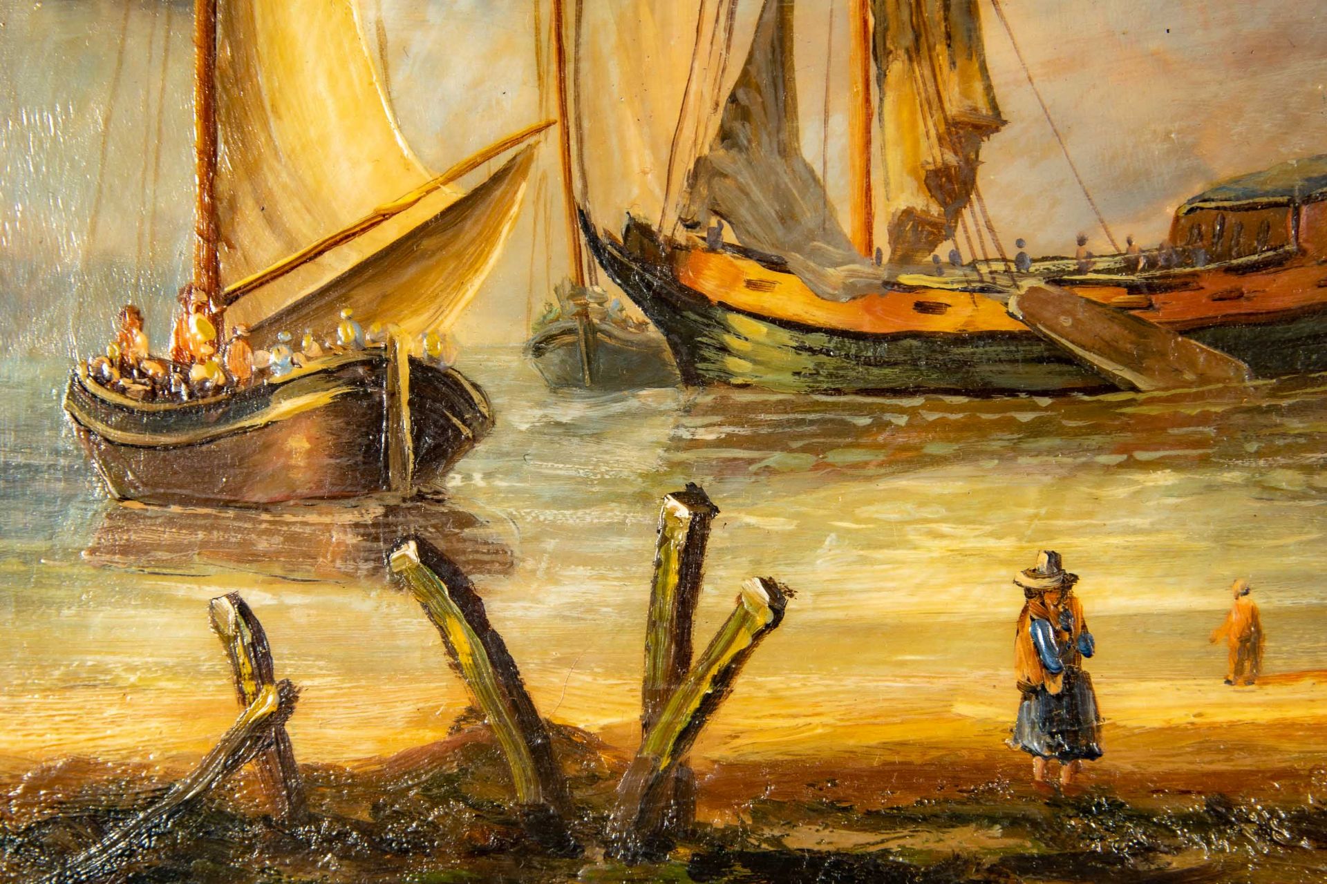 "Küstenstreifen mit Segelschiff & Booten", Gemälde, Öl auf Holztafel, ca. 25 x 20 cm; unten rechts - Image 7 of 7