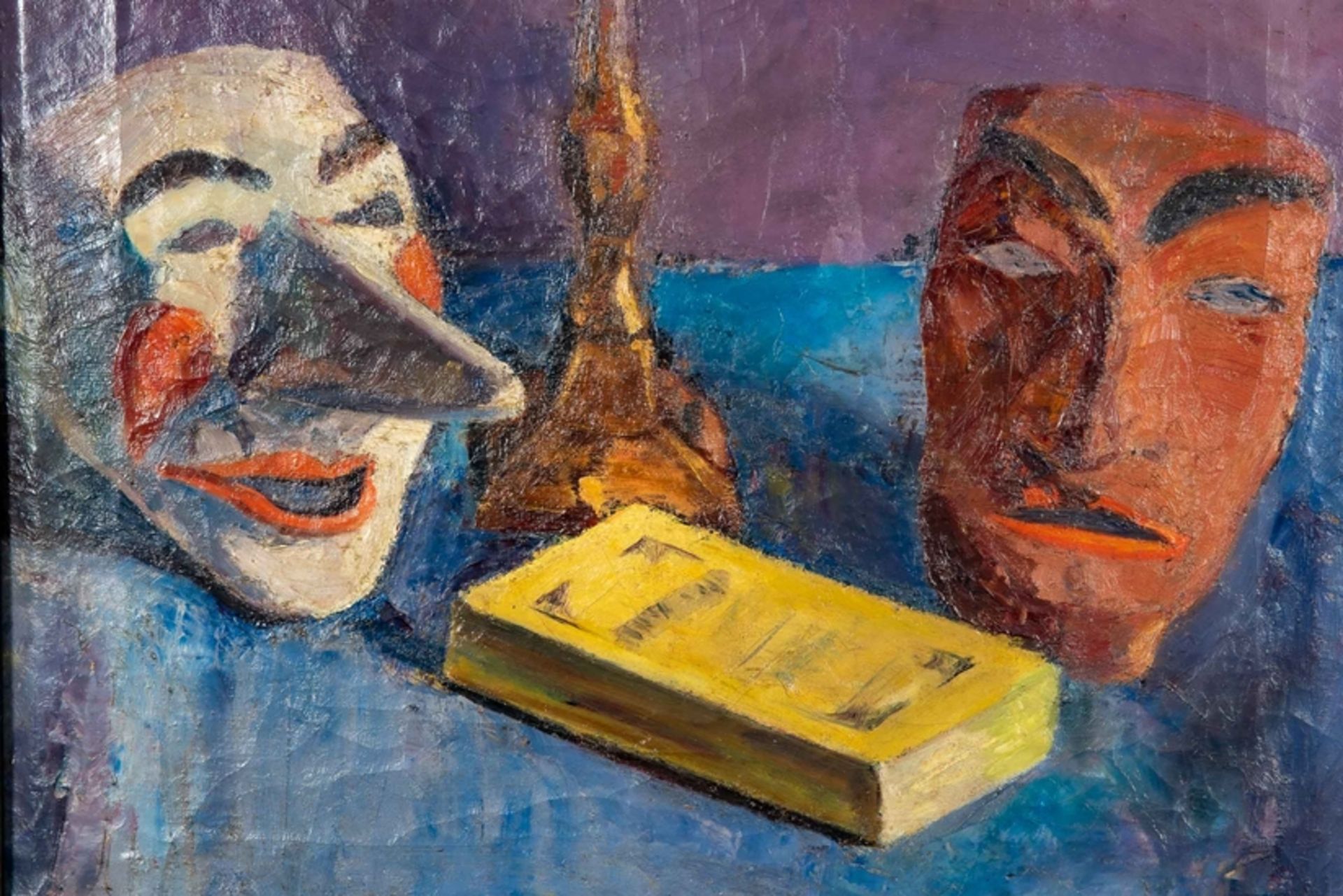 "Stilleben mit Masken"  Gemälde Öl auf Leinwand, ca. 57 x 51,5 cm, unsignierte akademische Malerei  - Bild 8 aus 10