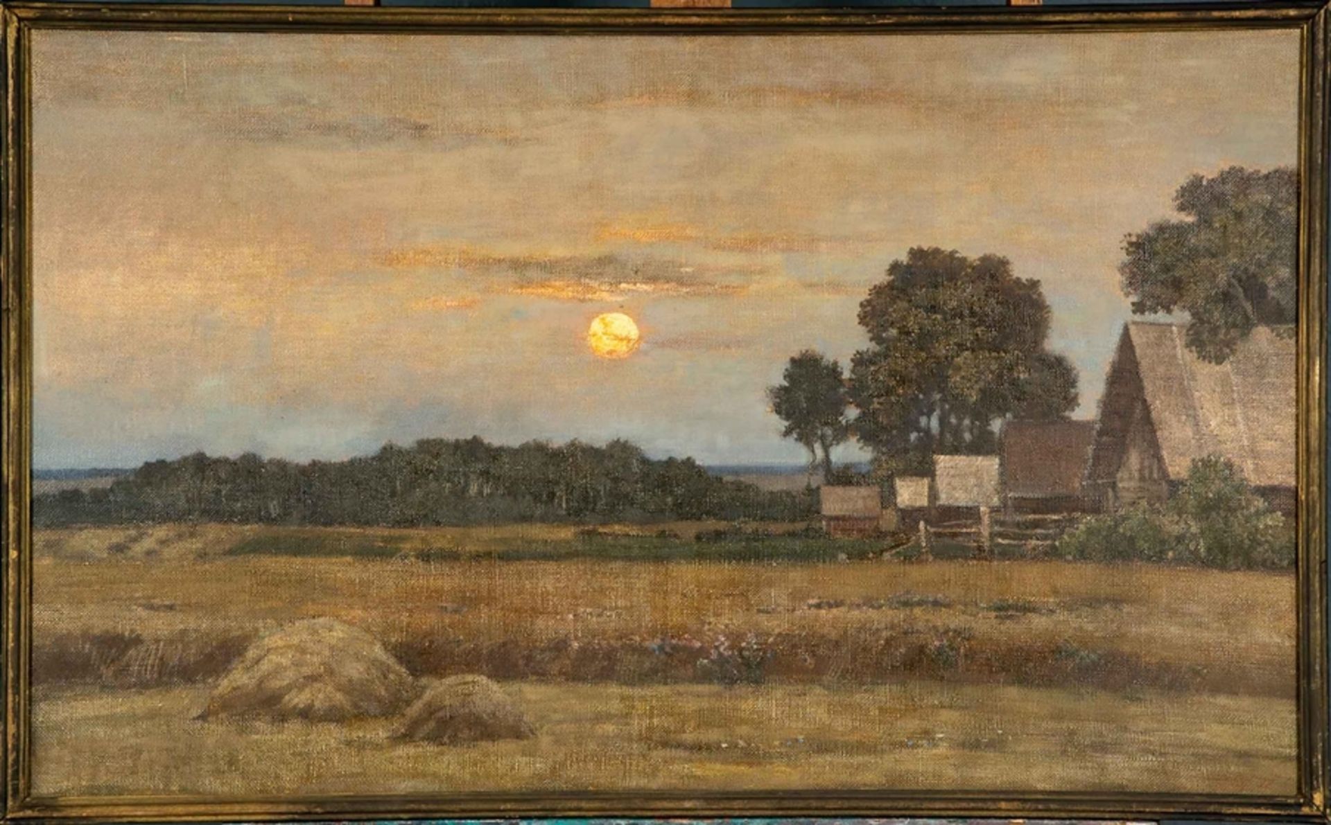 "Vollmond im Sommer" mit bäuerlicher Hofanlage und Wiesen. Bildmaß ca. 60 x 100 cm; unten rechts mo