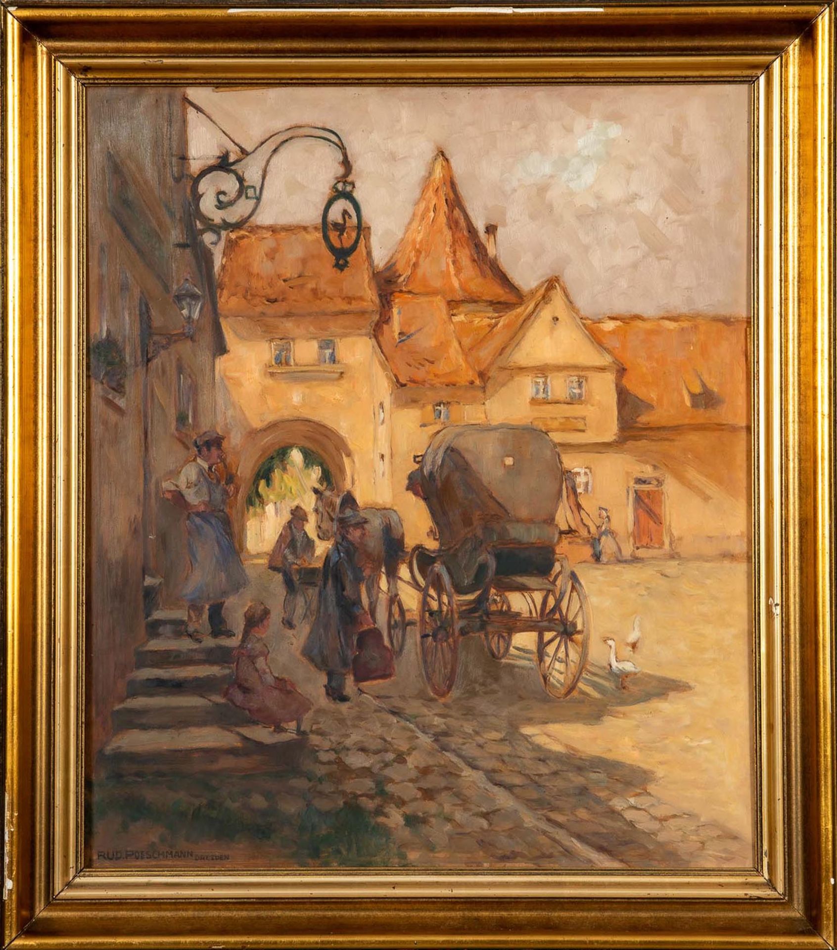 "Sommerliche Stadtkulisse mit Einspänner", Gemälde Öl auf Leinwand; Bildmaß ca. 70 x 60 cm; schönes