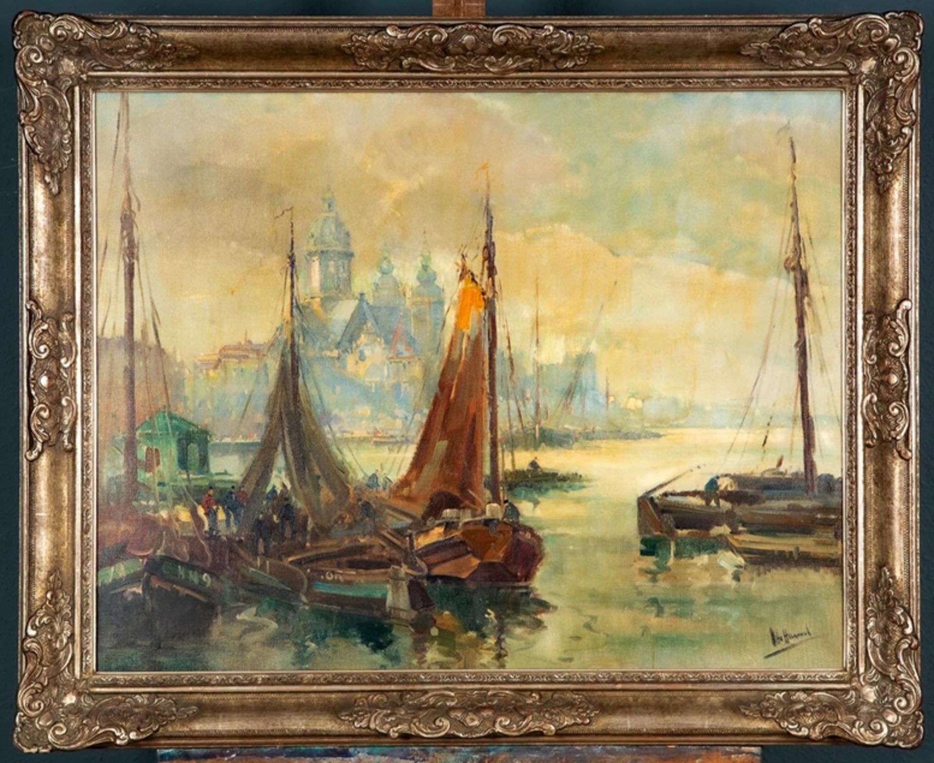 "Segelboote im Hafen vor städtischer Kulisse", Gemälde Öl auf Leinwand, unten rechts sign.: Otto HA
