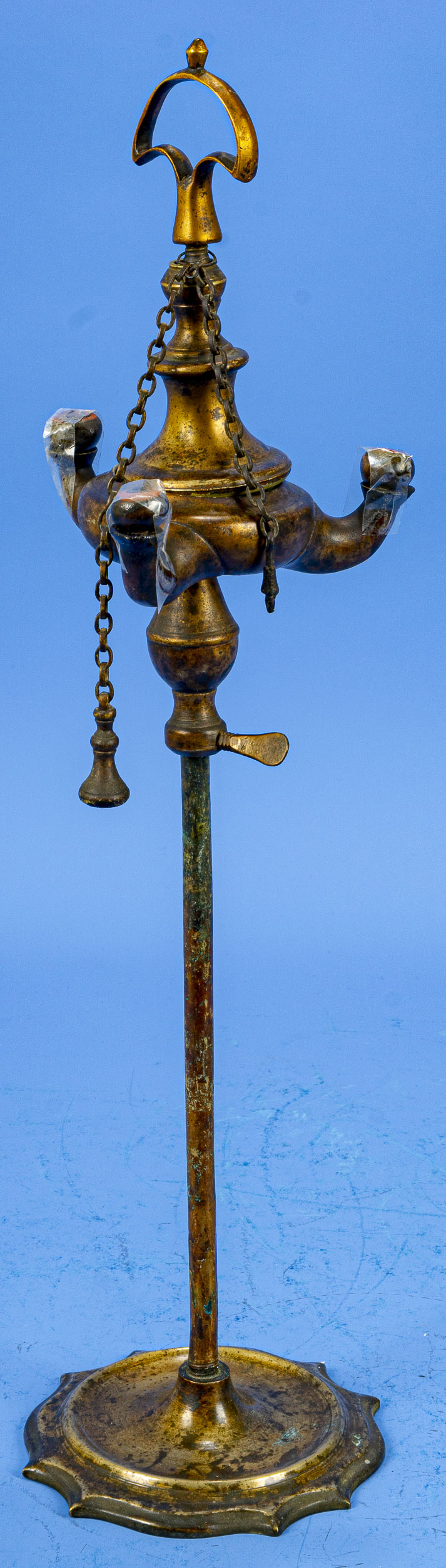 Antike 3flammige Öllampe, Messing, 1. Hälfte 19. Jhdt.; höhenverstellbares, 3flammiges Leuchterelem - Image 2 of 8
