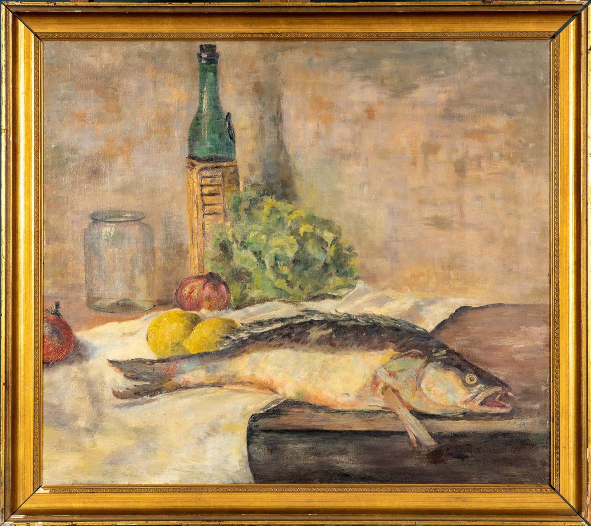 "Stilleben mit Karpfen", Gemälde Öl auf Platte, ca. 57 x 65 cm, unten rechts uneindeutig signiert &