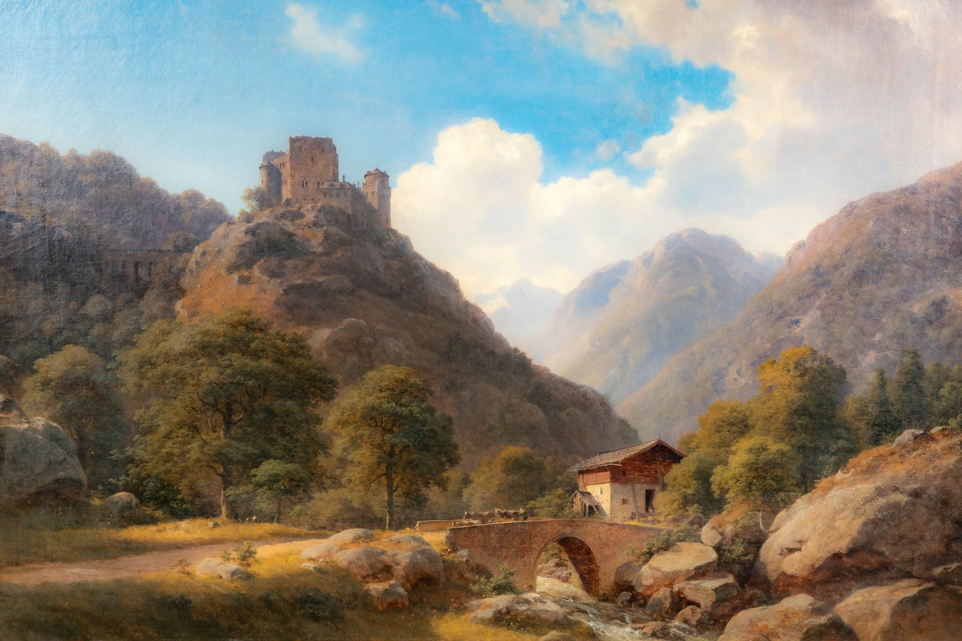 "Burgruine in alpiner Gebirgslandschaft", spätromantisches Gemälde, Öl auf Leinwand, ca. 71 x 100 c - Image 3 of 14