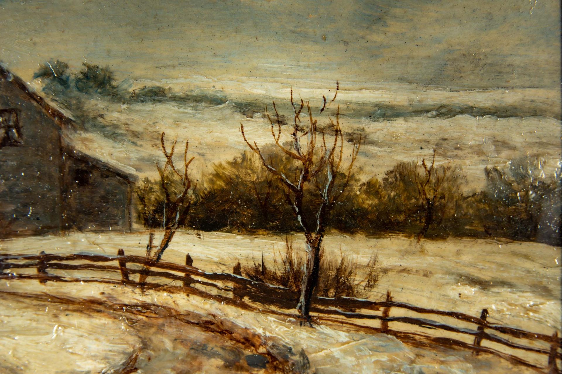 "Winterliche Hofanlage", Öl auf Malkarton/ Malpappe, auf Holz geklebt. Ca. 15 x 22 cm, unten rechts - Image 6 of 8