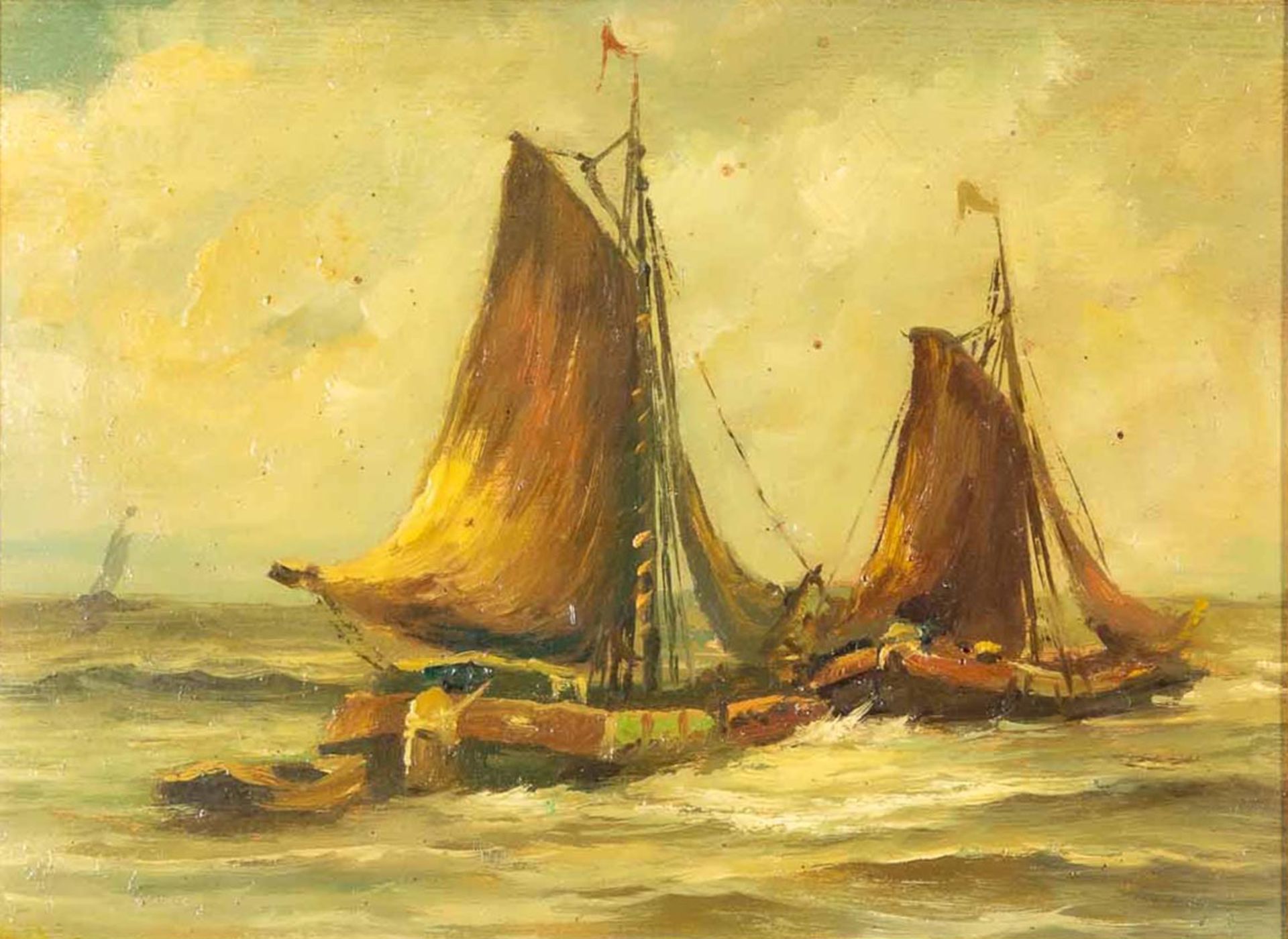 "Fischerboote", kleinformatiges Ölbild, ca. 17 x 23 cm; Öl auf Platte, spätes 20. Jhdt., unsigniert - Bild 2 aus 9