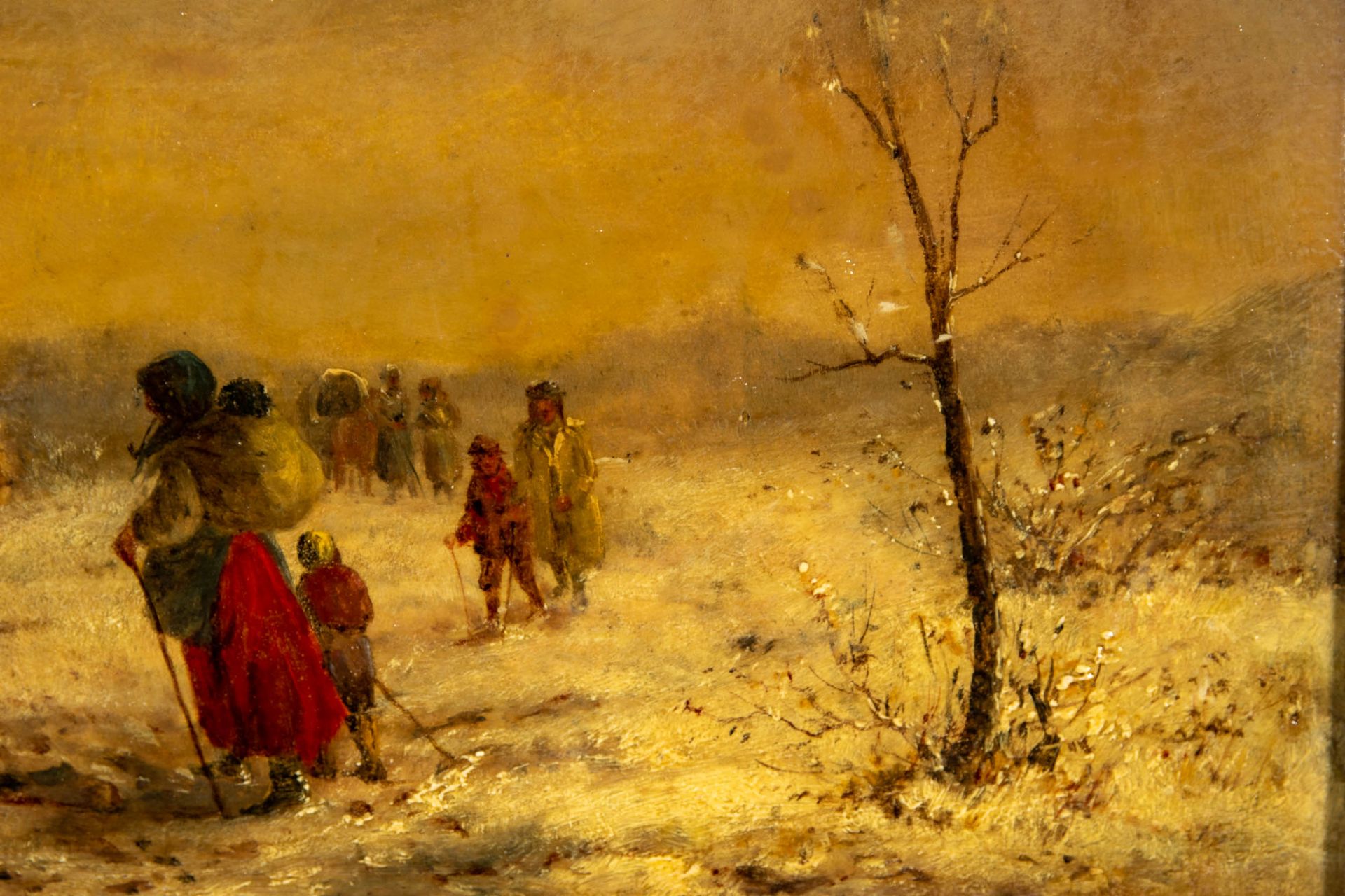 "Rast am Planwagen" im russischen Winter, Gemälde Öl auf Holztafel, ca. 23,5 x 47,5 cm, unten links - Bild 5 aus 13