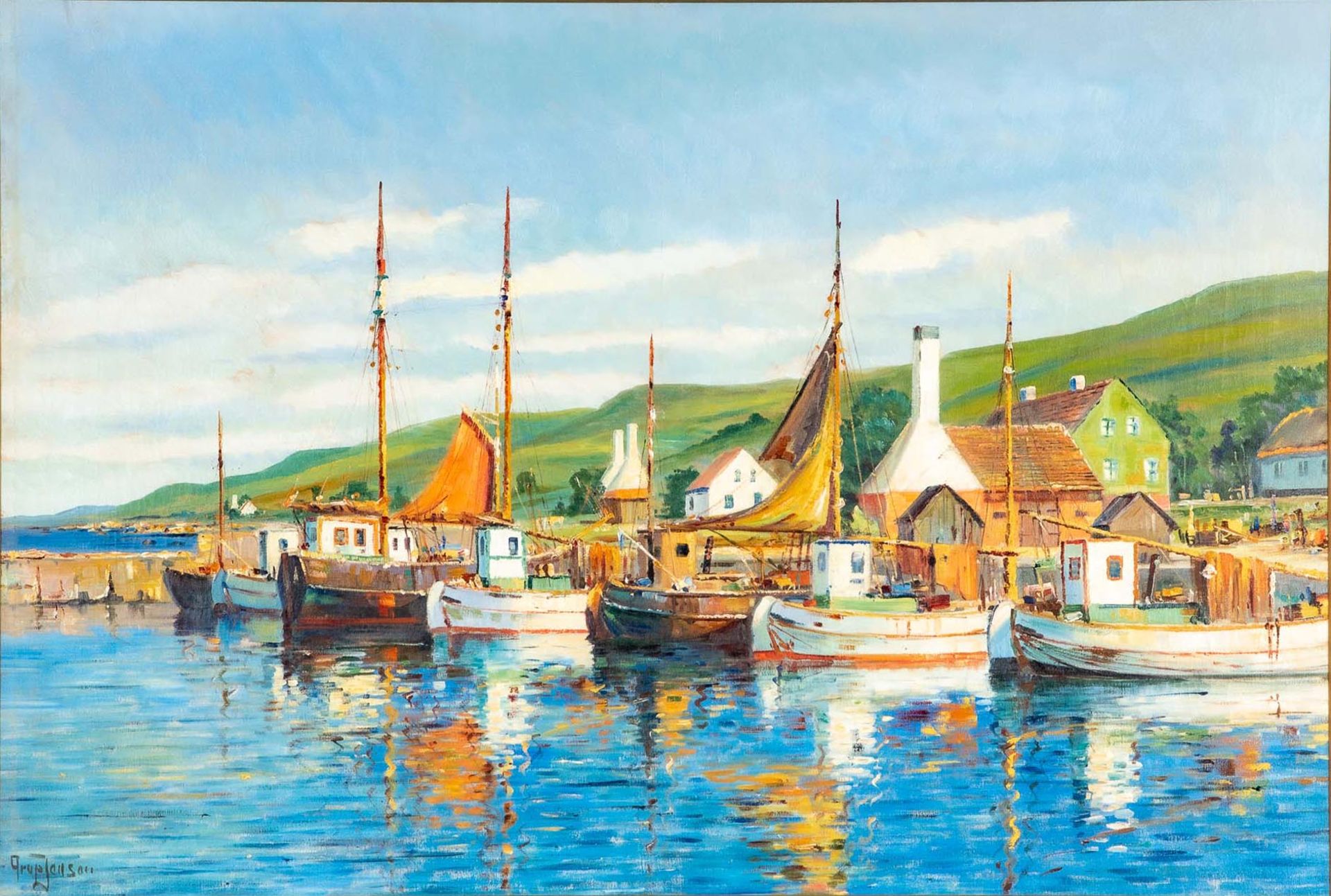 "Farbenfroher dänischer Hafen", großformatiges Gemälde, ca. 88 x 130 cm, unten links signiert: "Aru - Bild 2 aus 8
