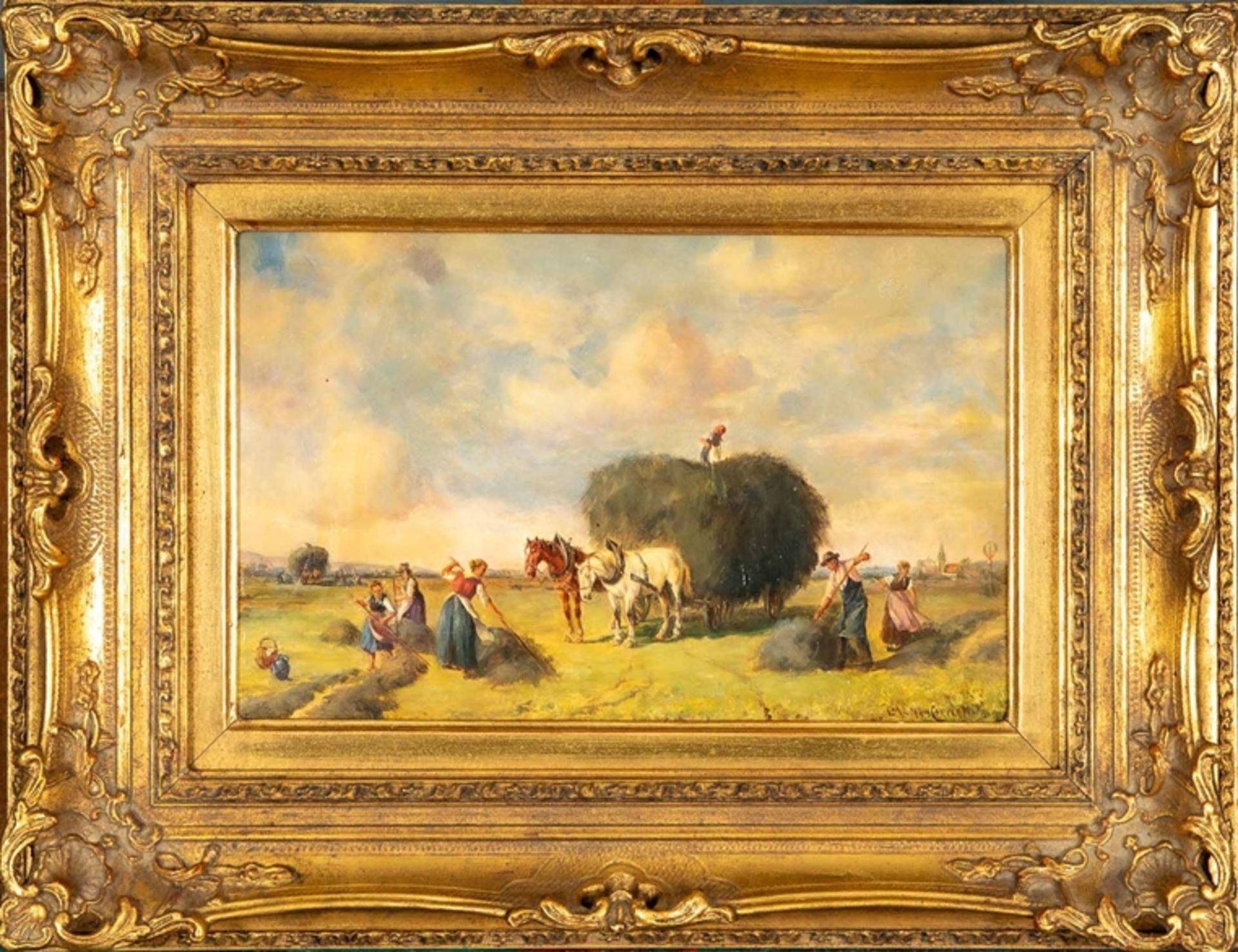 "Heuernte", kleinformatiges Gemälde, Öl auf Schichtholztafel, ca. 18 x 28 cm, unten rechts signiert