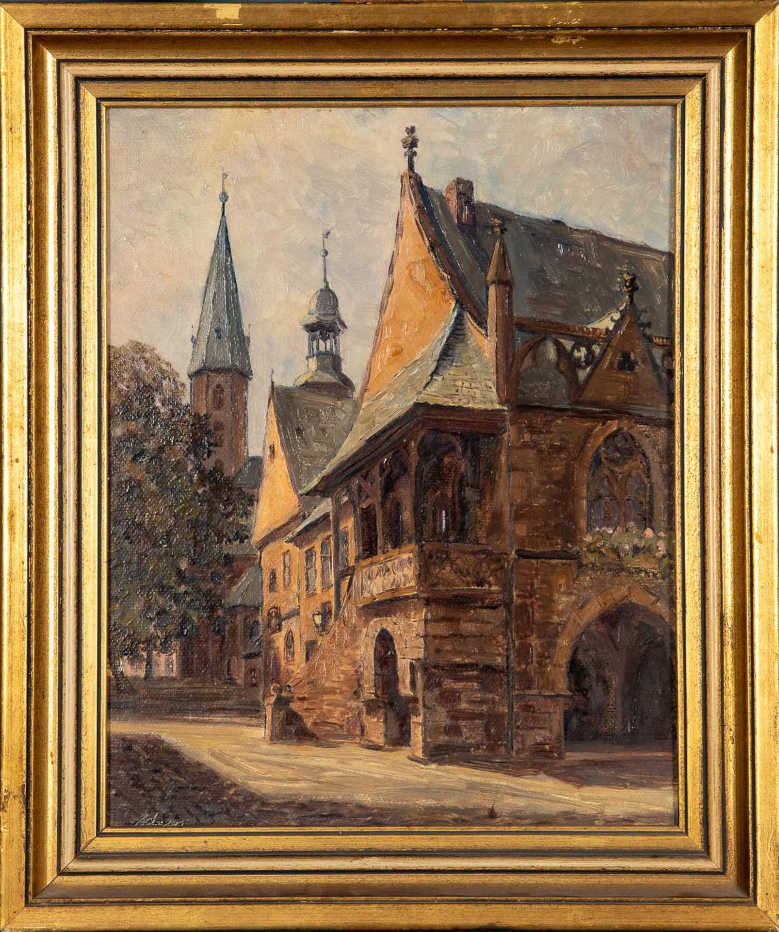"Altstadtszene" Gemälde Öl auf Malkarton, ca. 37 x 29 cm, unten links undeutlich signiert, 1954 dat