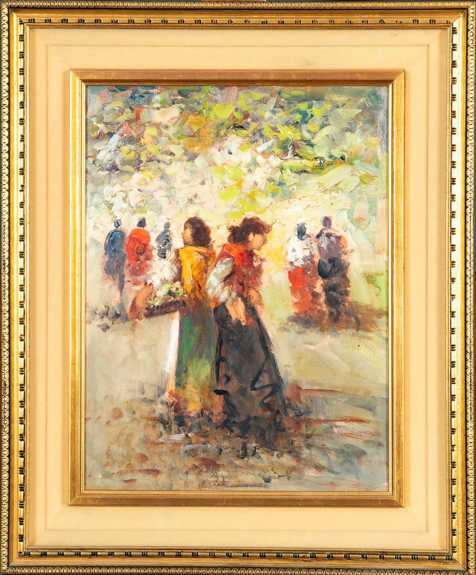 "Auf dem Markt", spazierende Italienerinnen, Gemälde Öl auf Schichtholzplatte, ca. 24 x 30 cm; rück
