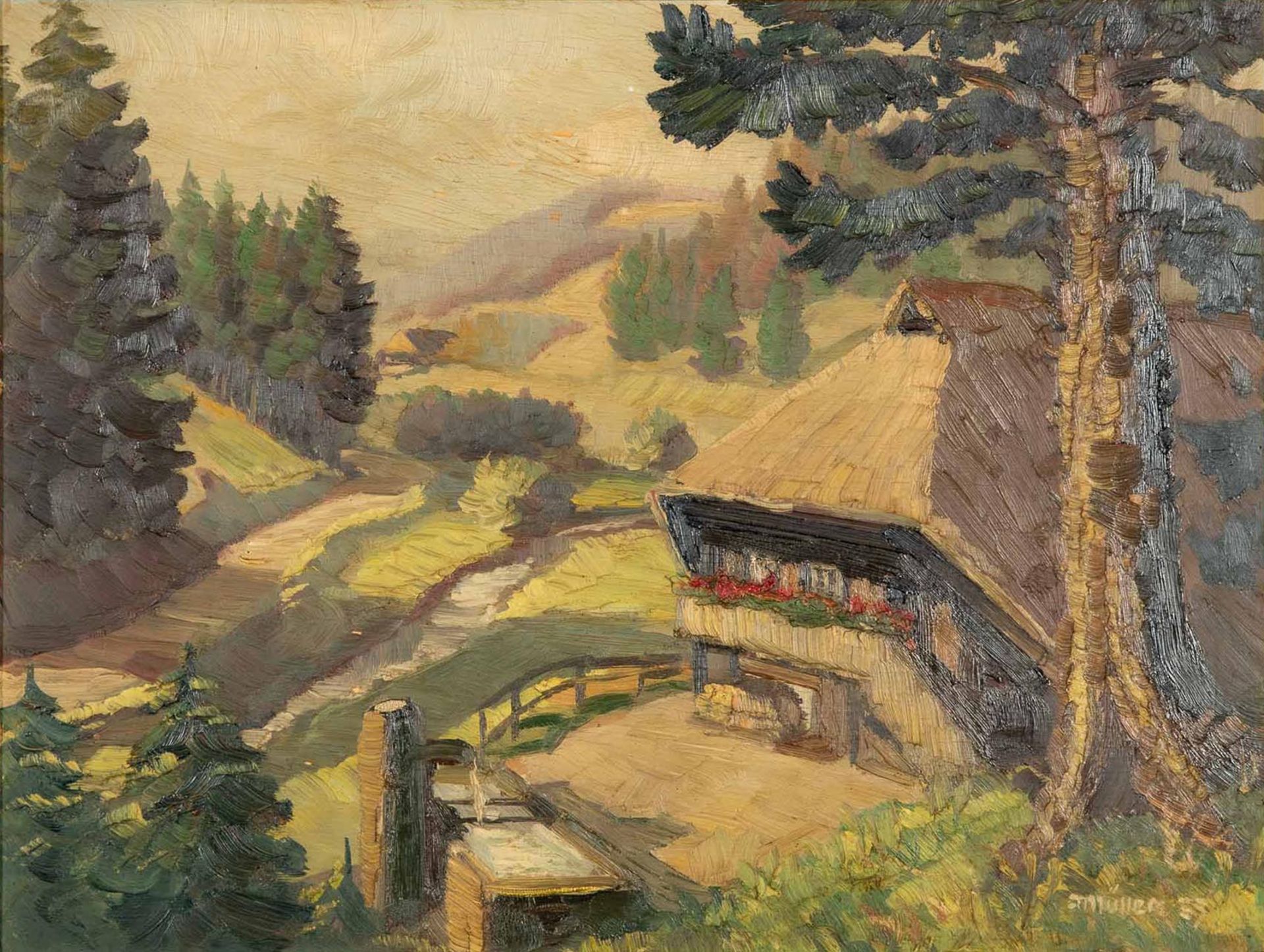 "Bauernhaus in sommerlicher, bergiger Landschaft", Gemälde, Öl auf Schichtholzplatte, ca. 38,5 x 50 - Bild 2 aus 7