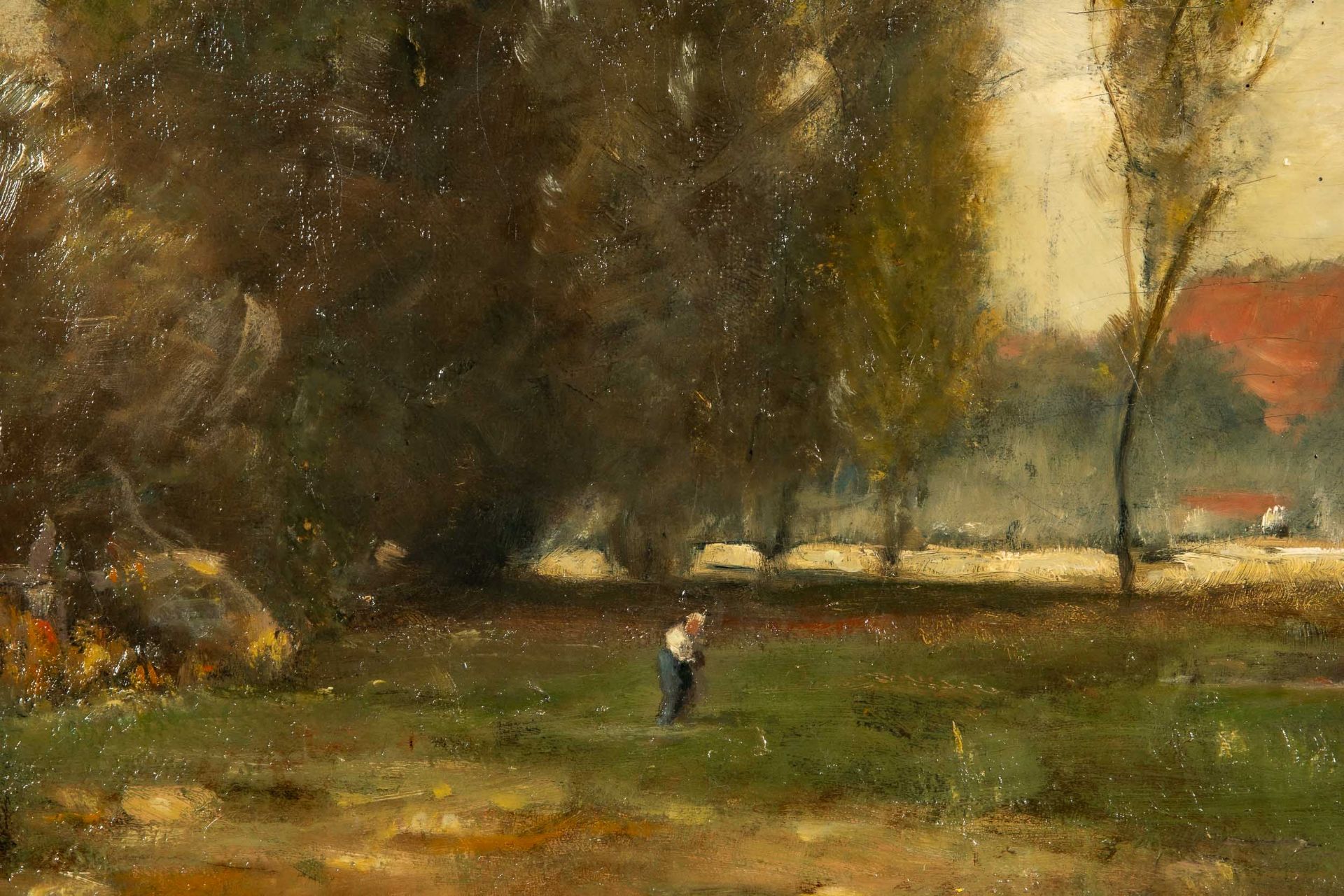 "Uferpartie", Gemälde, Öl auf Leinwand ca. 53 x 100 cm. Herbstliche Landschaft mit Dorfidyll an fli - Image 4 of 19