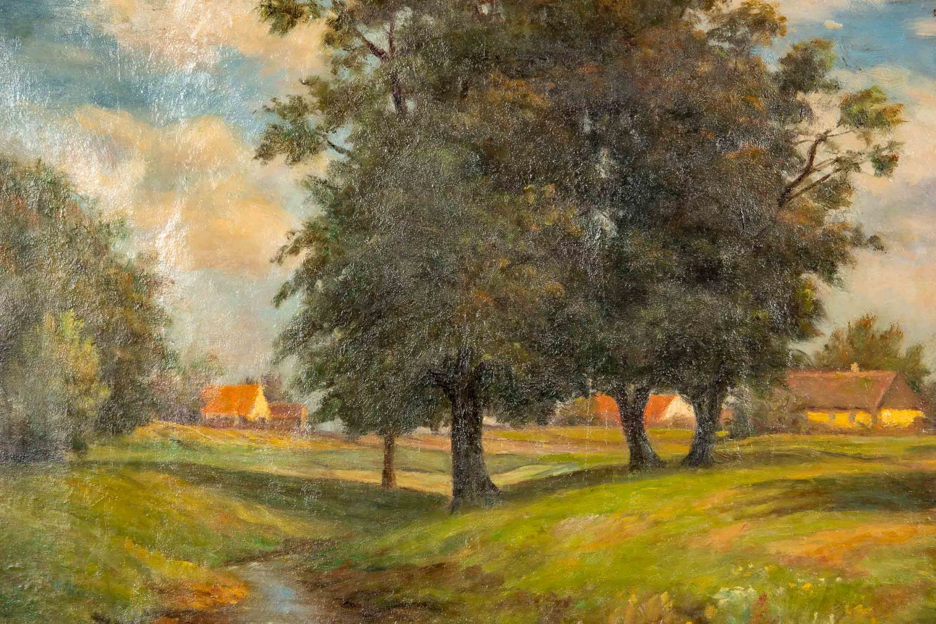 "Idyllische Dorfkulisse", kleinformatiges Landschaftsgemälde, Öl auf Leinwand, 1918 datiert; ca. 31 - Bild 3 aus 9