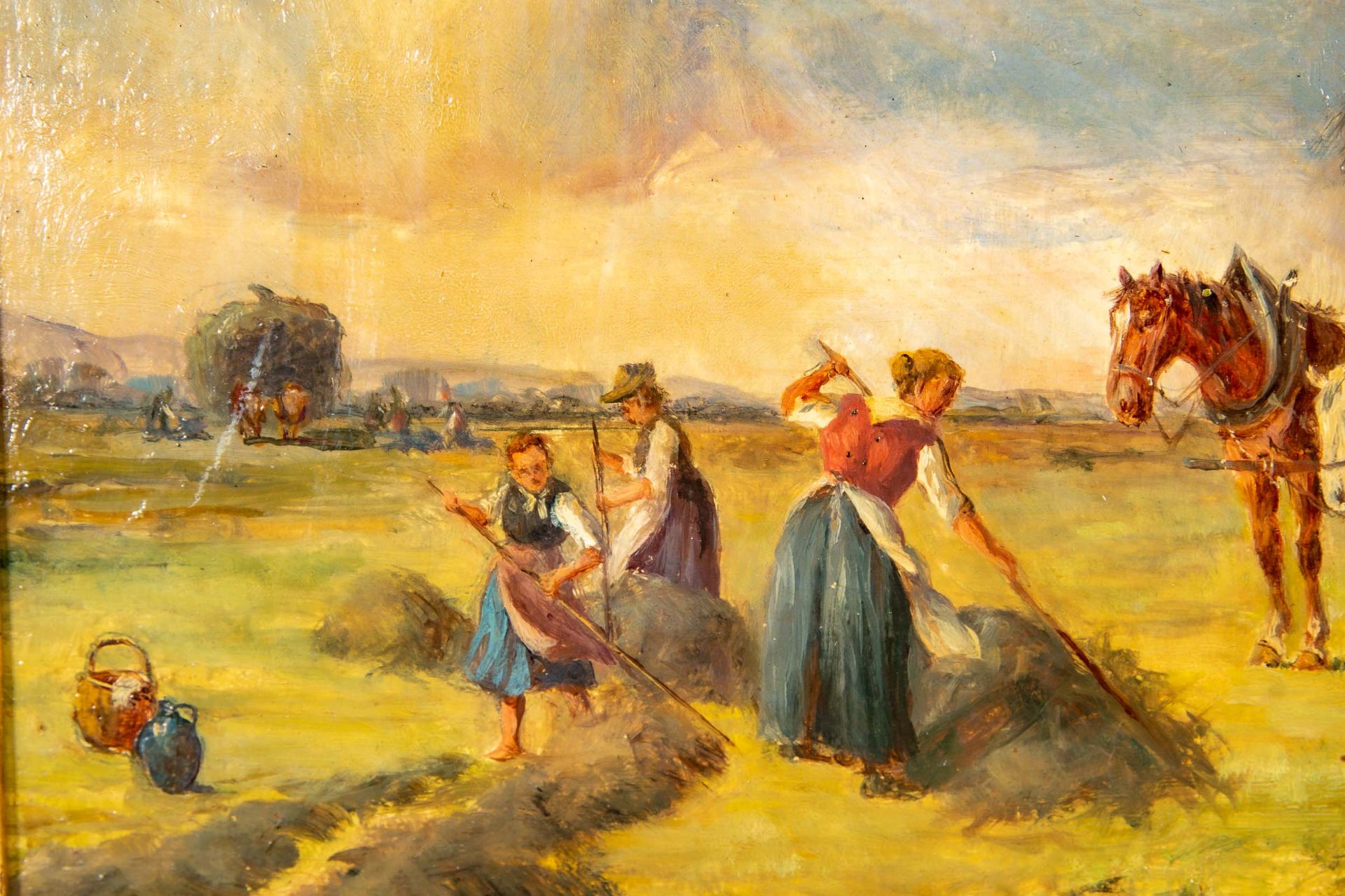 "Heuernte", kleinformatiges Gemälde, Öl auf Schichtholztafel, ca. 18 x 28 cm, unten rechts signiert - Bild 6 aus 8