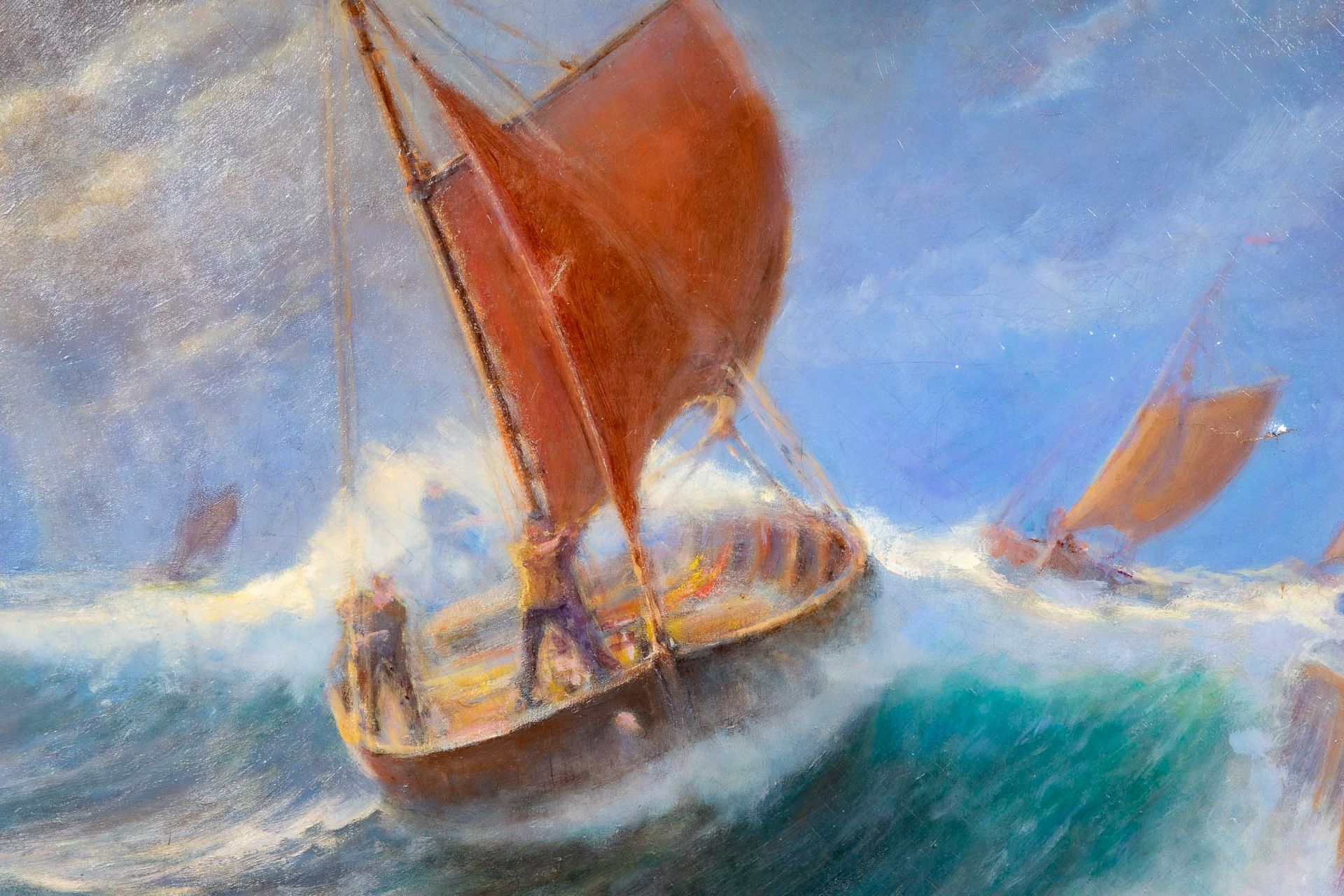 "Hafeneinfahrt bei Sturm" - großformatiges Gemälde, Öl auf Leinwand, ca. 110 x 132 cm, in orig., sc - Image 4 of 13