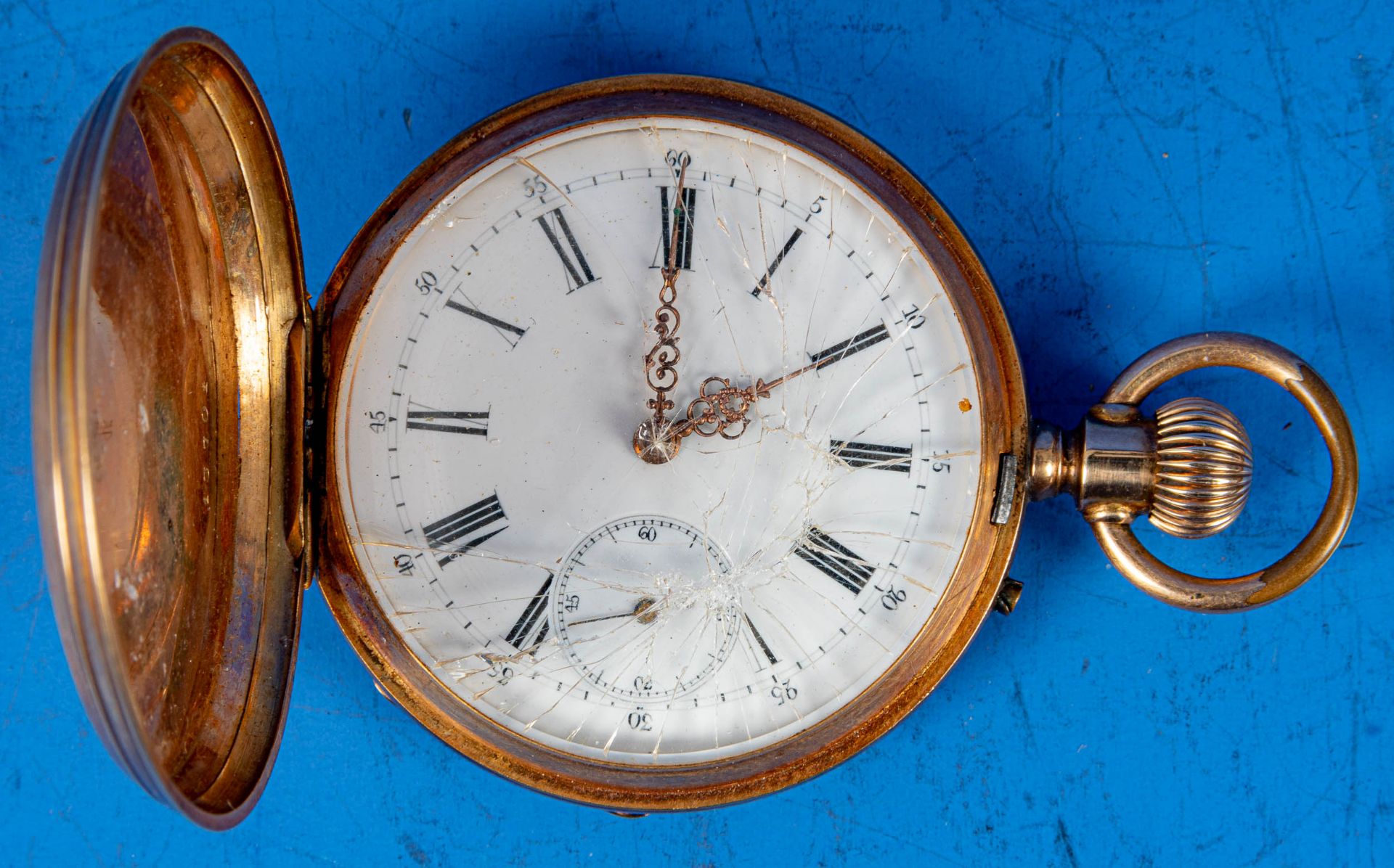 Antike Sprungdeckeltaschenuhr um 1900, vergoldeter Staubdeckel, Glas defekt, Werk ungeprüft, Gehäus - Bild 3 aus 15