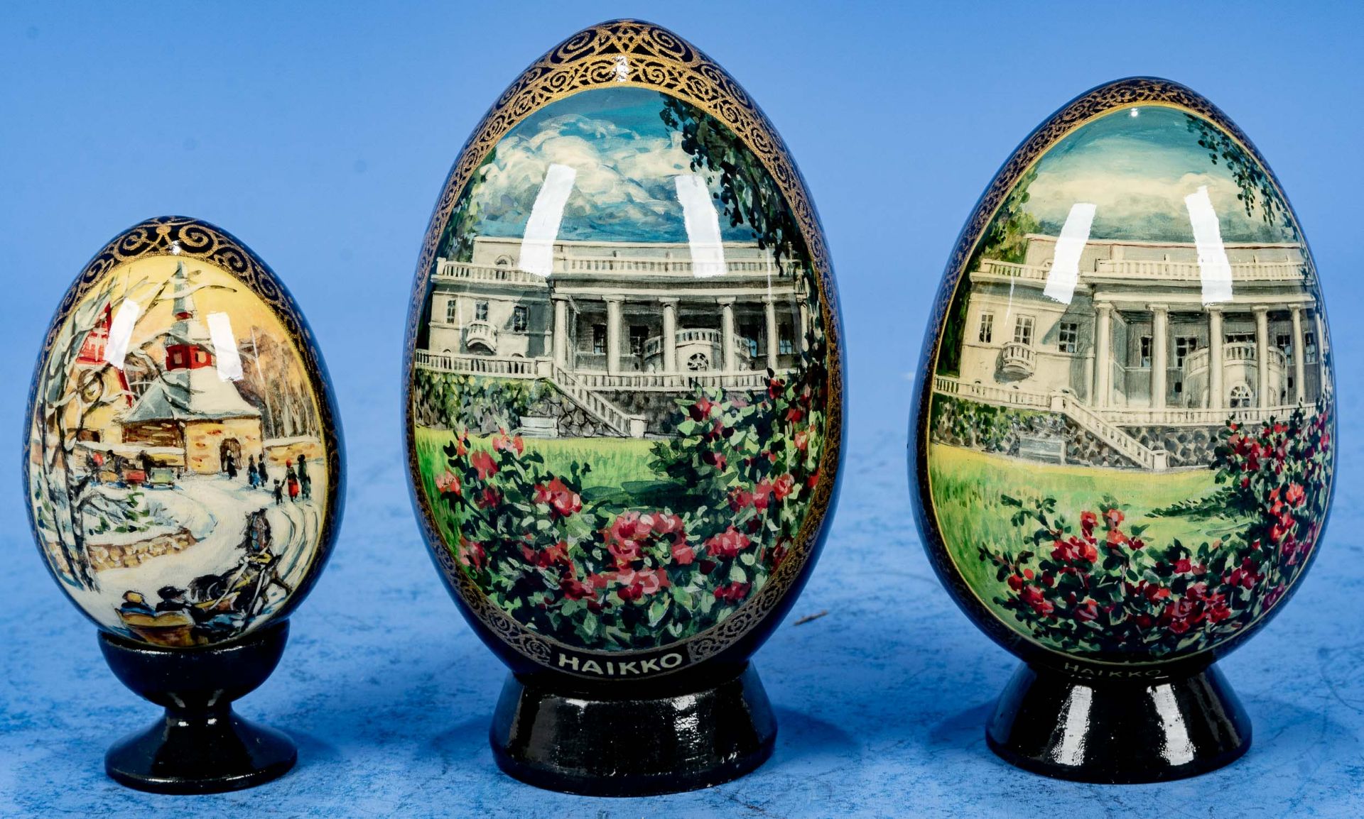 3tlg. Sammlung "Russischer Eier", russisches Kunsthandwerk des 20./ 21. Jhdts., alle 3 bodenseitig 