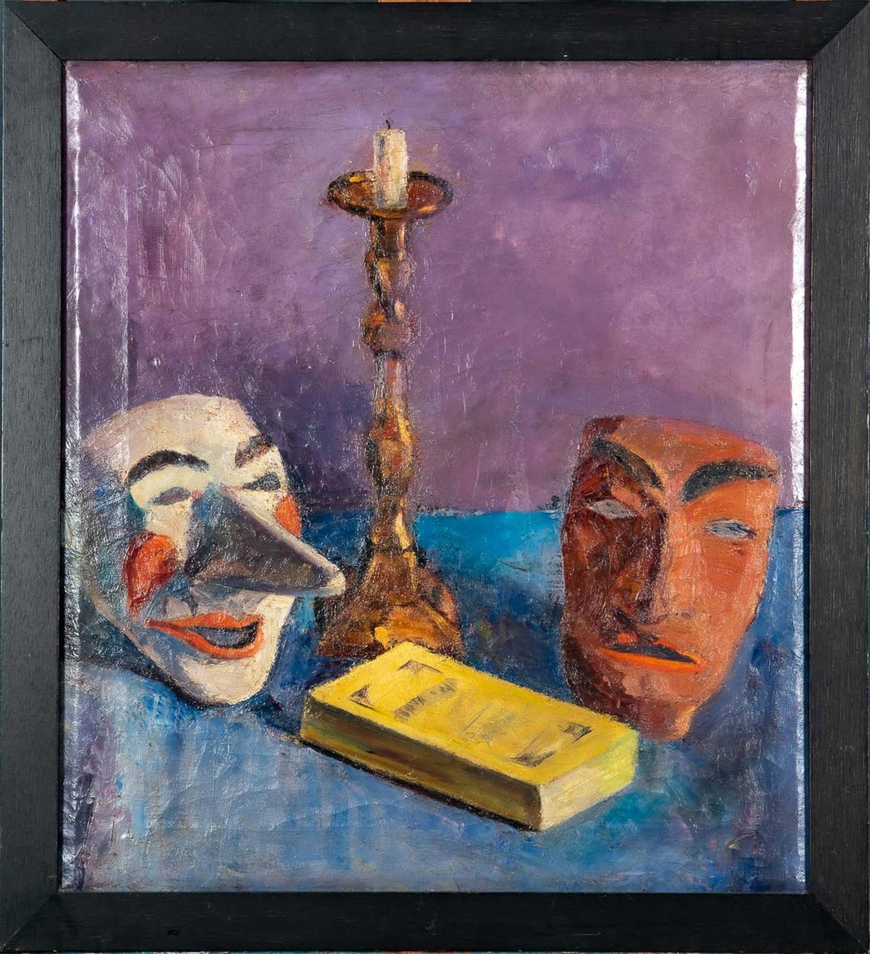 "Stilleben mit Masken"  Gemälde Öl auf Leinwand, ca. 57 x 51,5 cm, unsignierte akademische Malerei 