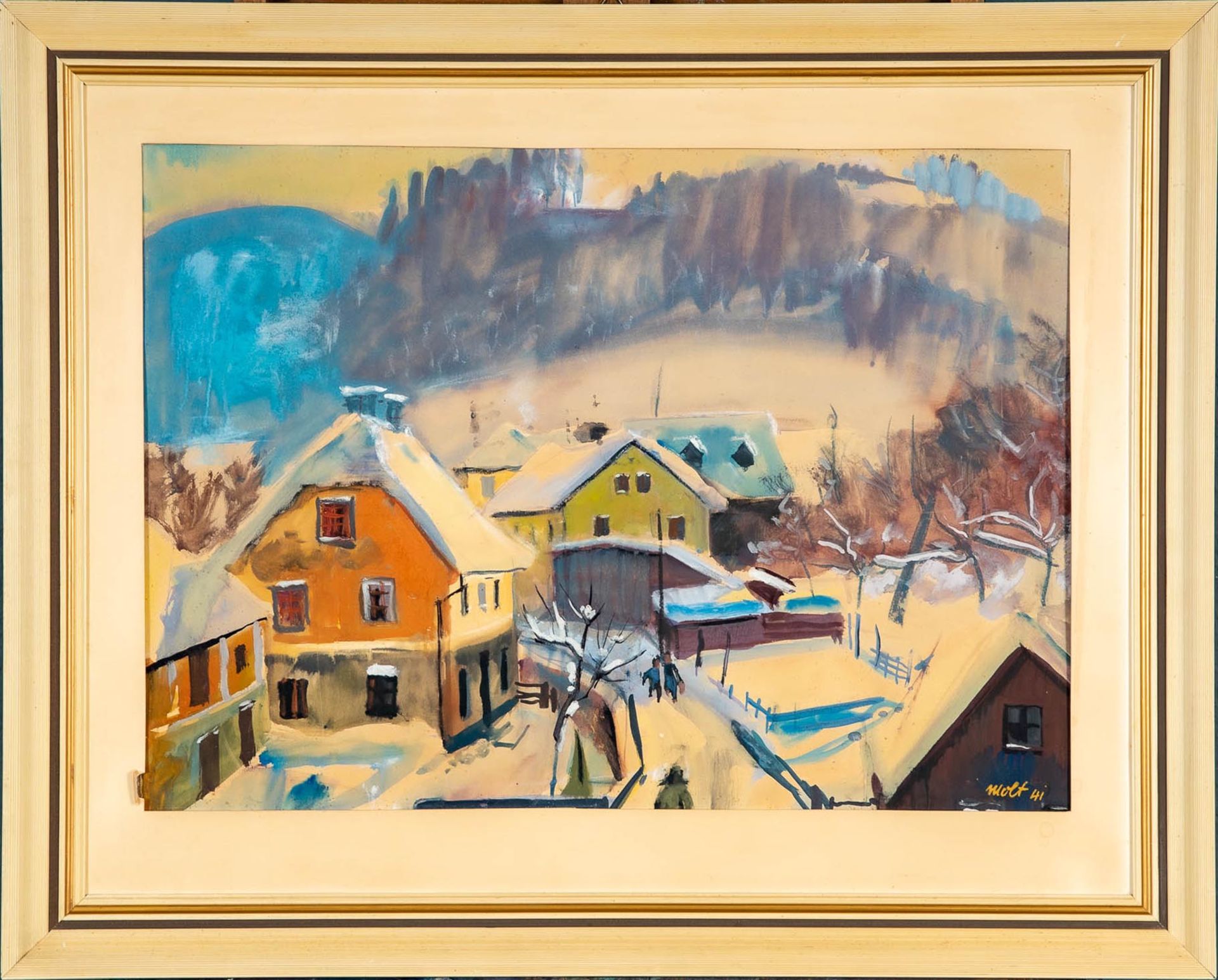 "Verschneites Dorf", Mischtechnik auf festem Papier/ Karton; lichtes Bildmaß ca. 49 x 67 cm, unten 