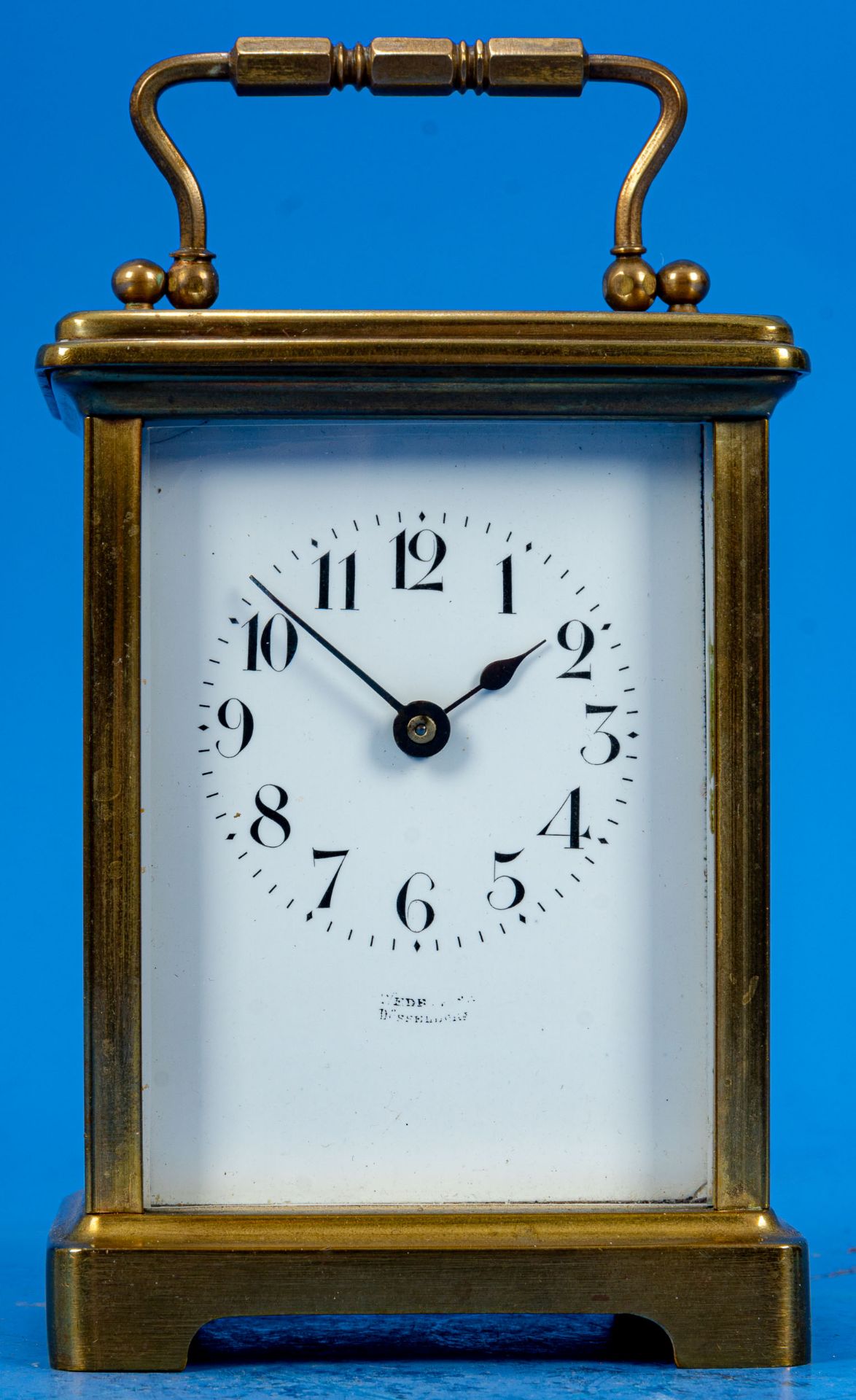 Antike französische Reiseuhr, sogen. "Carriage Clock", rundum verglastes Messinggehäuse, arabische 