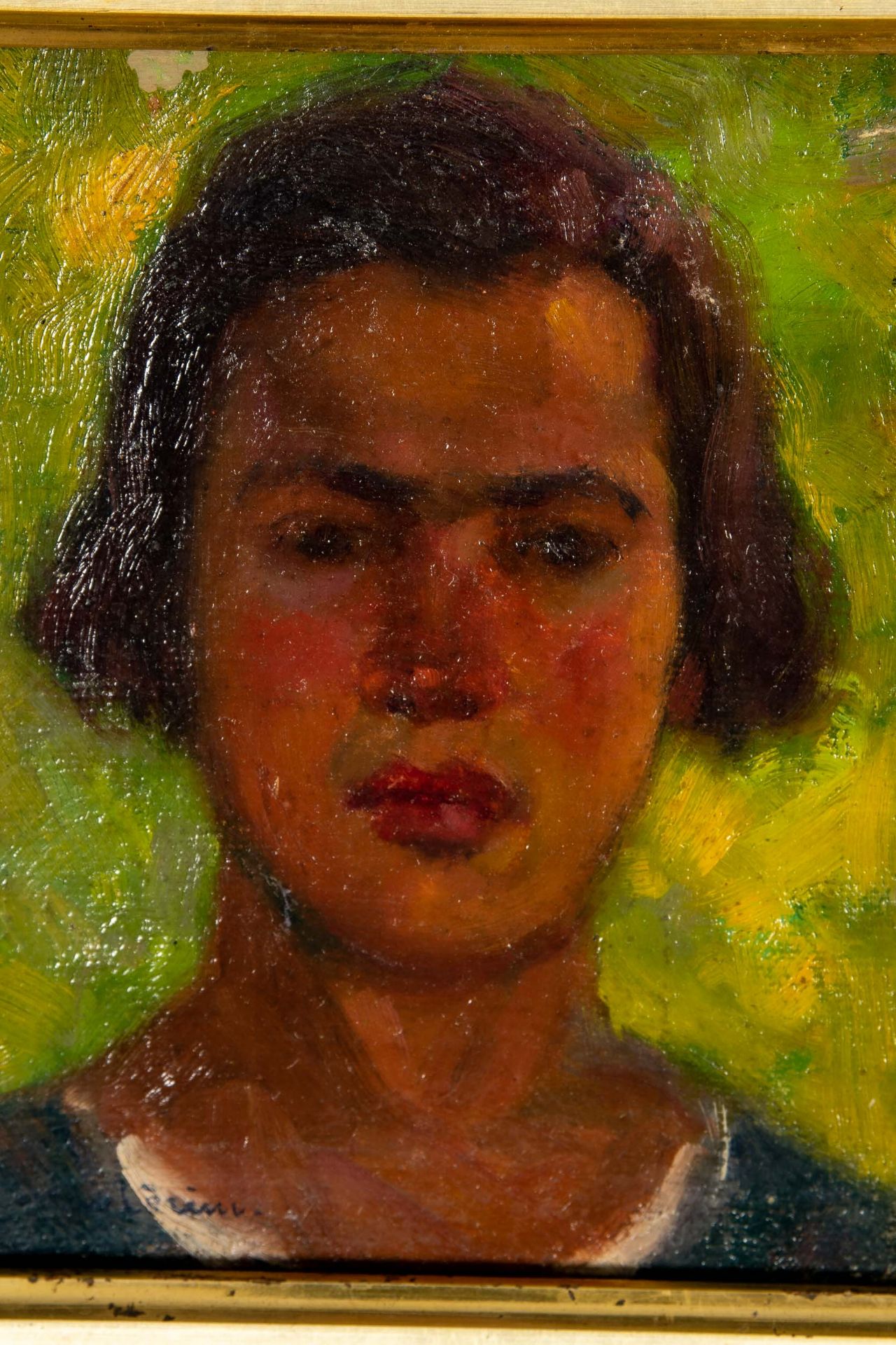 "Porträt", Kopfporträt eines jungen Mannes vor grünlich- gelbem Hintergrund; kleinformatiges Gemäld - Bild 3 aus 6
