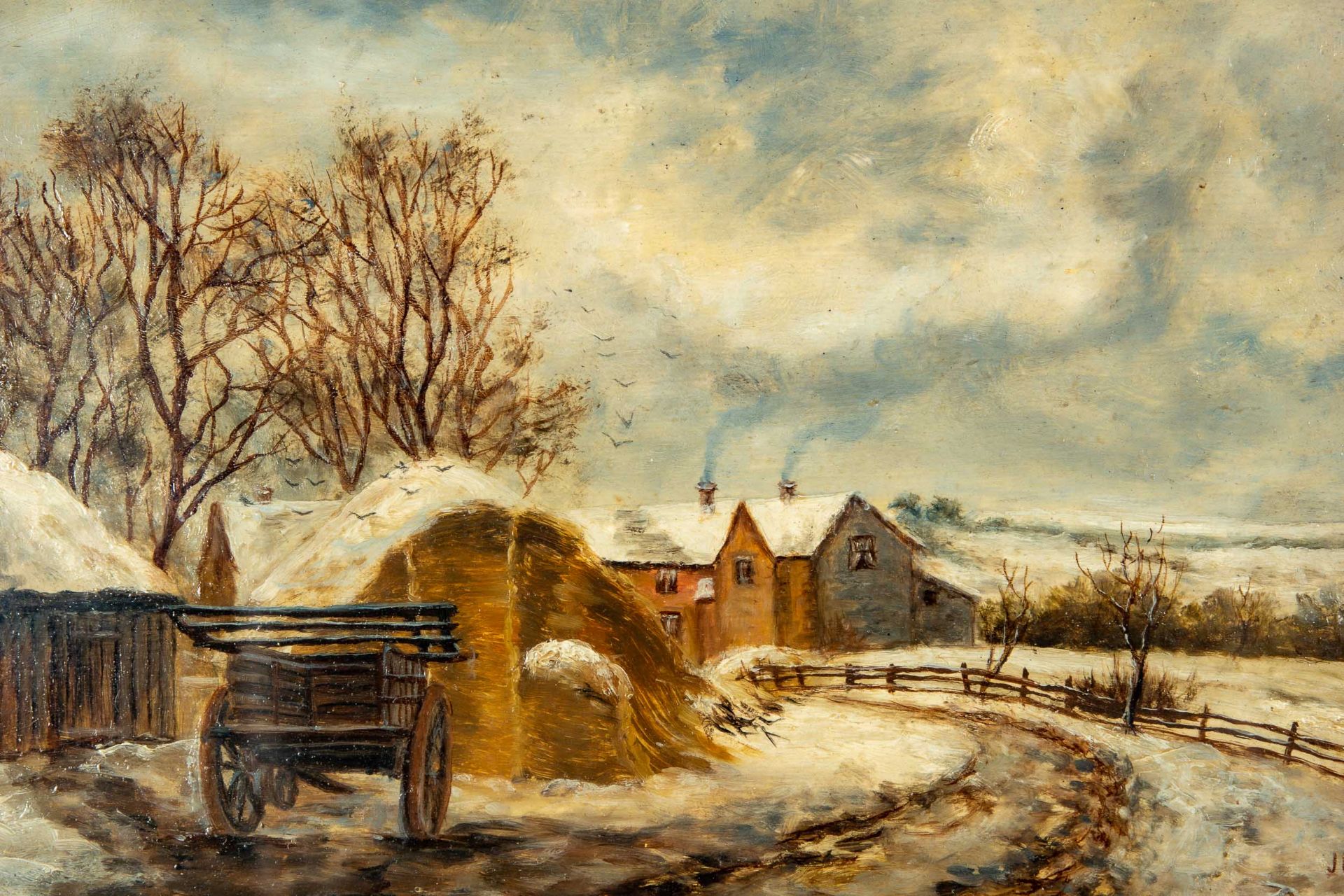 "Winterliche Hofanlage", Öl auf Malkarton/ Malpappe, auf Holz geklebt. Ca. 15 x 22 cm, unten rechts - Bild 3 aus 8