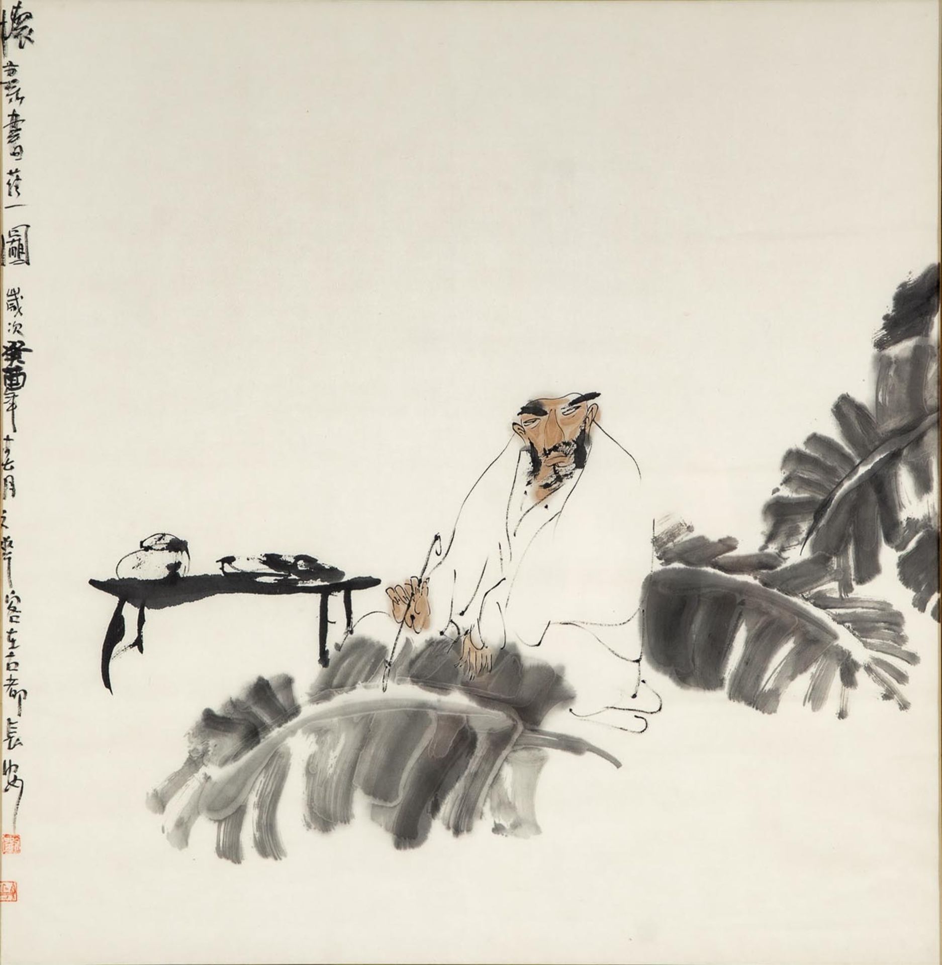 "Der Kalligraph", ostasiatische Tuschmalerei auf Papier, wohl China Ende 20. Jhdt., am linken Bildr - Bild 2 aus 9