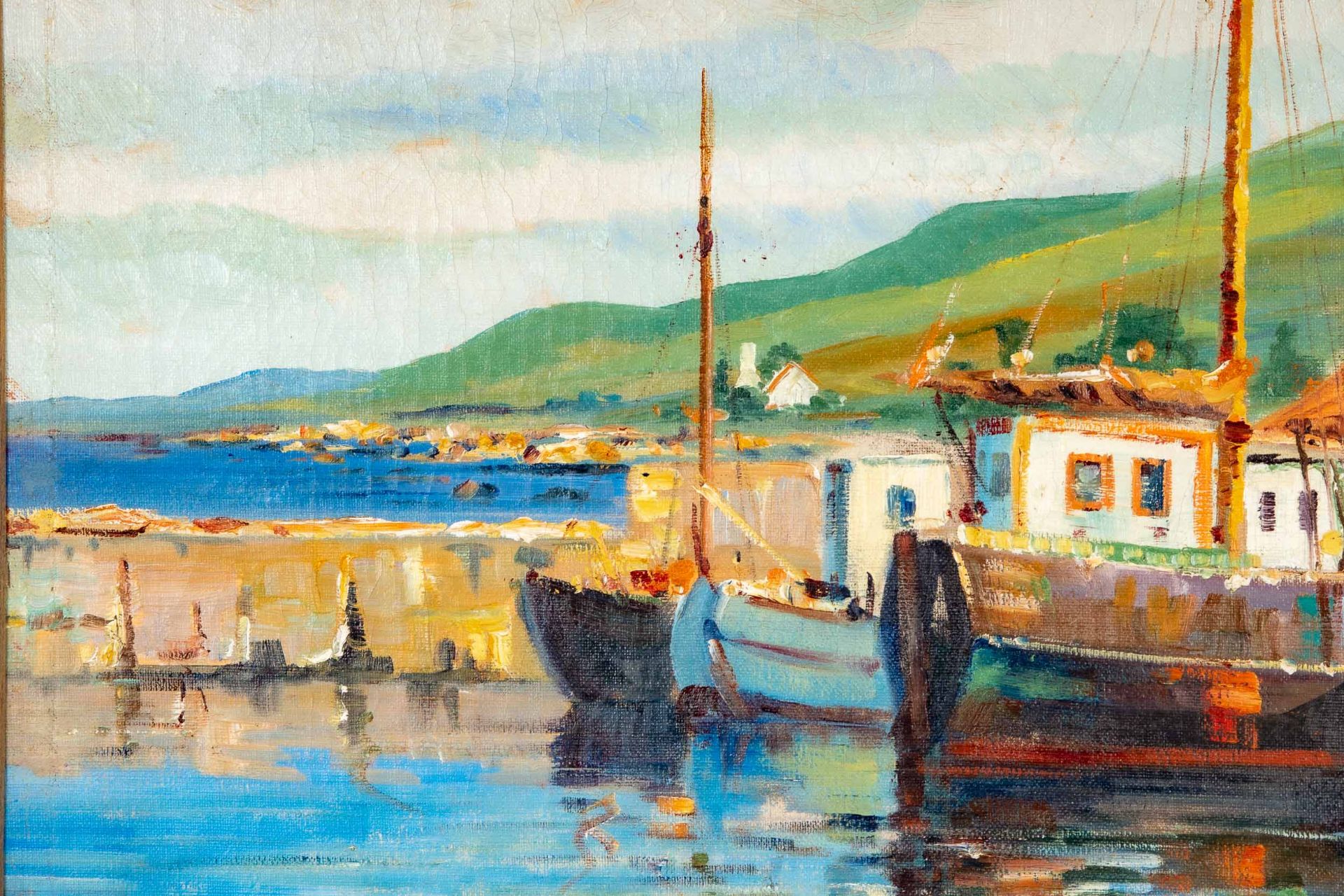 "Farbenfroher dänischer Hafen", großformatiges Gemälde, ca. 88 x 130 cm, unten links signiert: "Aru - Bild 6 aus 8