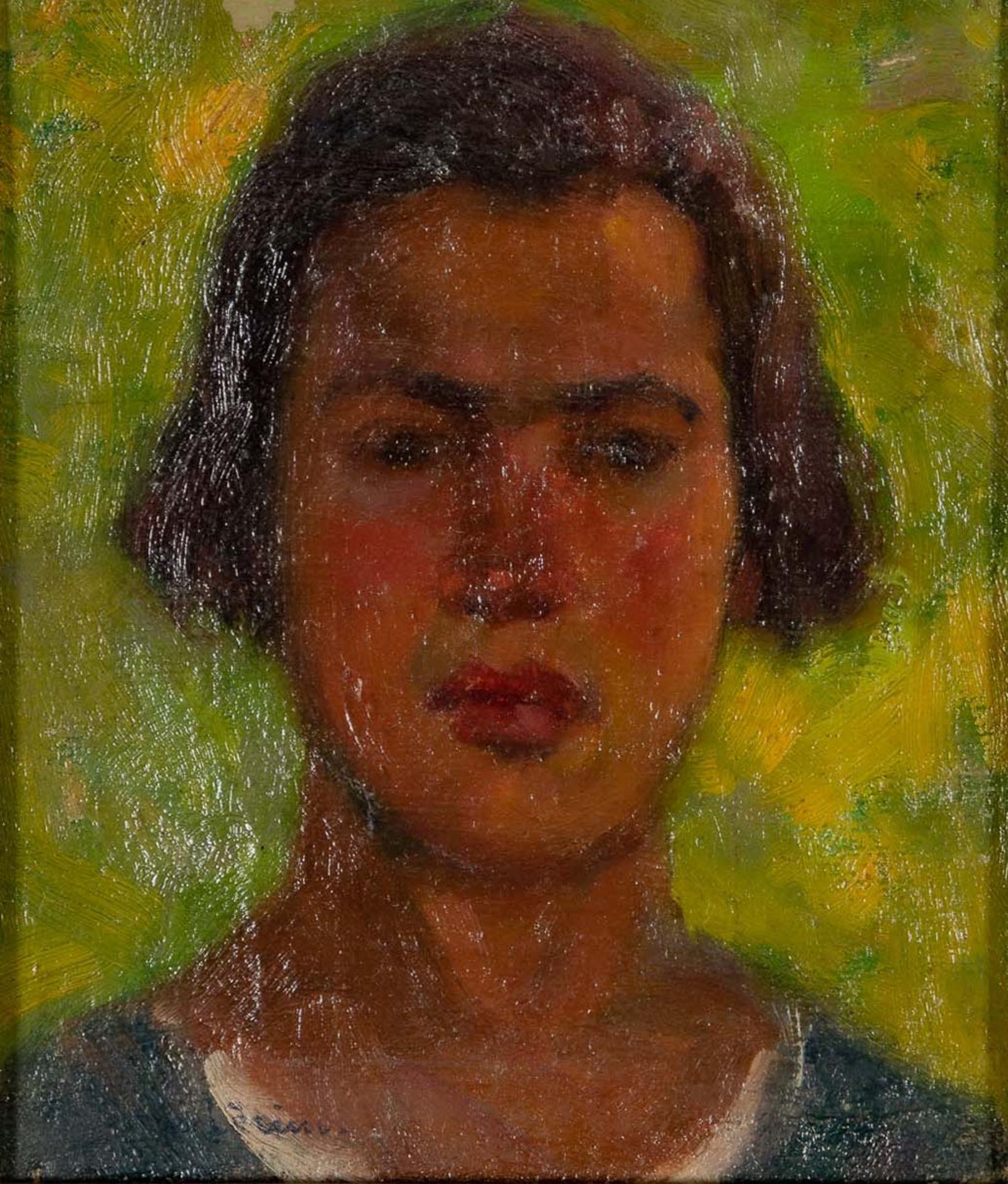 "Porträt", Kopfporträt eines jungen Mannes vor grünlich- gelbem Hintergrund; kleinformatiges Gemäld - Bild 2 aus 6