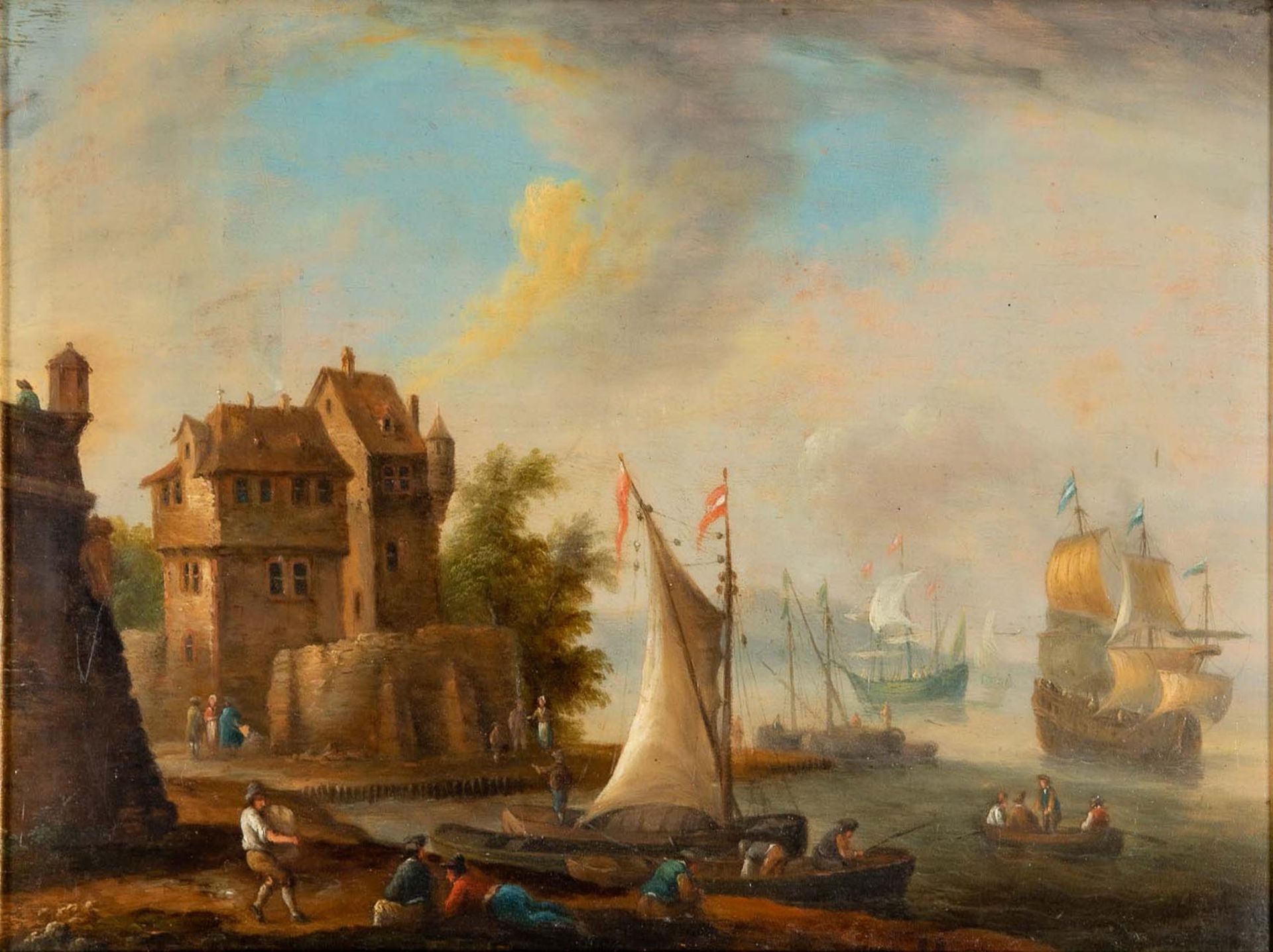 "Hafenszenerie" - Gemälde, 18./19. Jhdt., Öl auf Holztafel, ca. 22 x 29 cm, unsigniert, aber rückse - Image 2 of 10
