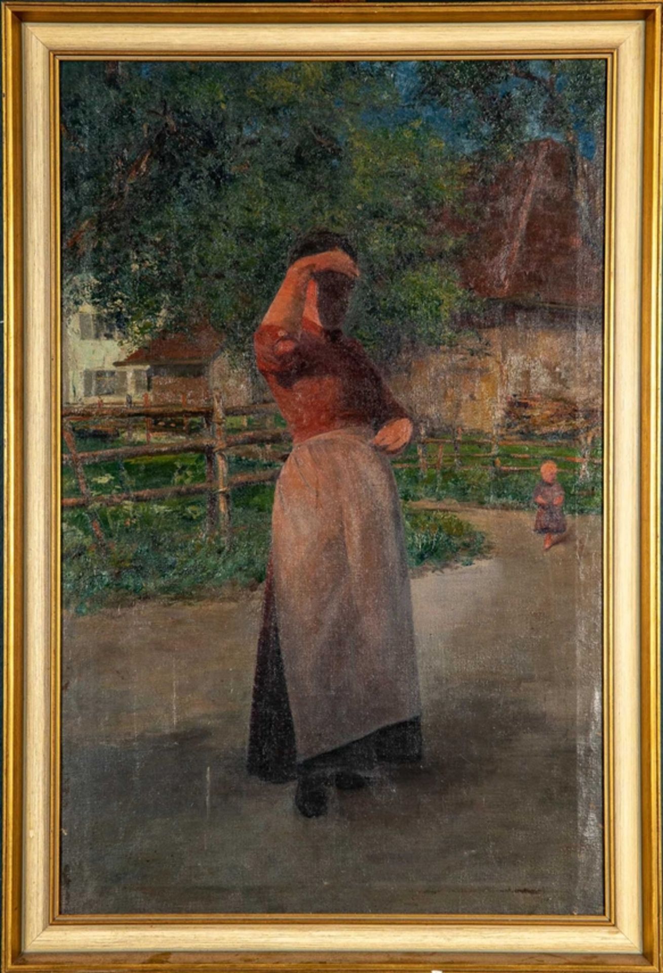 "Voller Erwartungen", hochrechteckiges Gemälde, Öl auf Leinwand; wohl 1920/ 30er Jahre; eine Bäueri