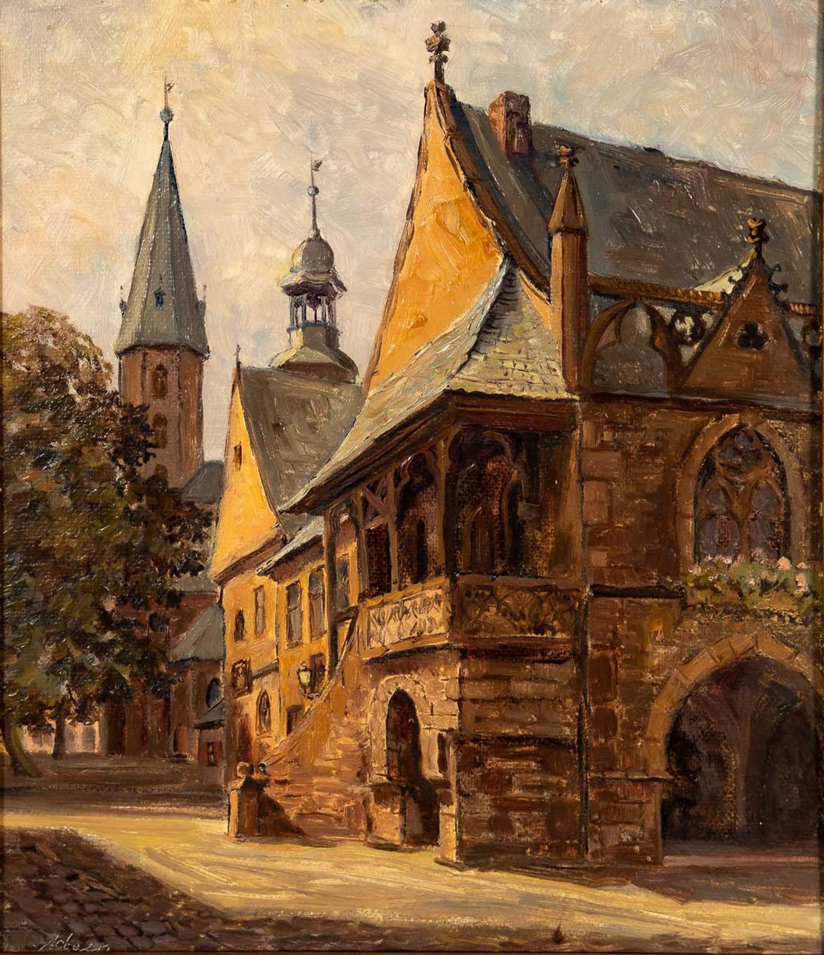 "Altstadtszene" Gemälde Öl auf Malkarton, ca. 37 x 29 cm, unten links undeutlich signiert, 1954 dat - Image 3 of 9