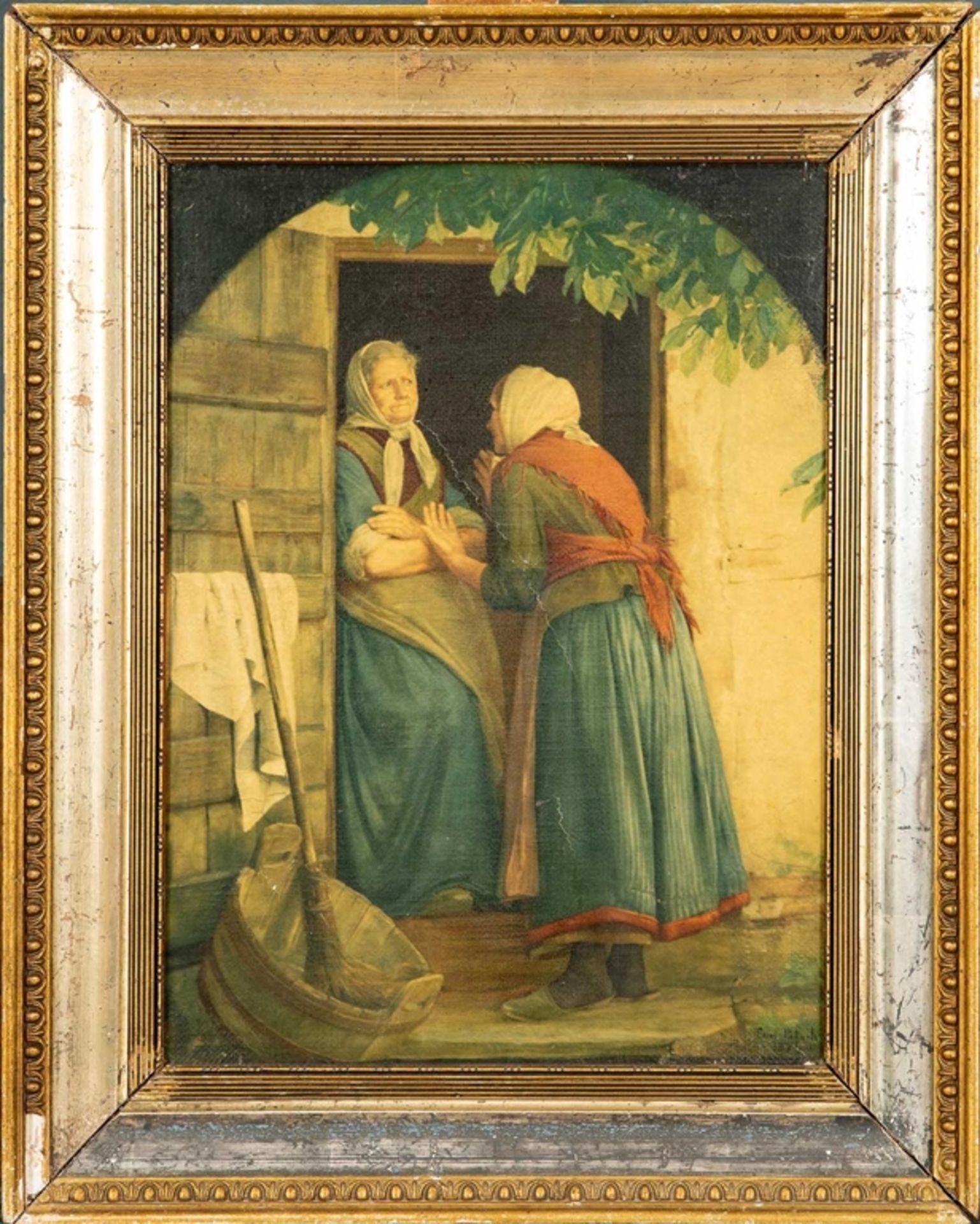 "Tratschende Bäuerinnen", Gemälde Öl auf Leinwand, unten rechts sign. & dat.: Carl Block 1875 = Car
