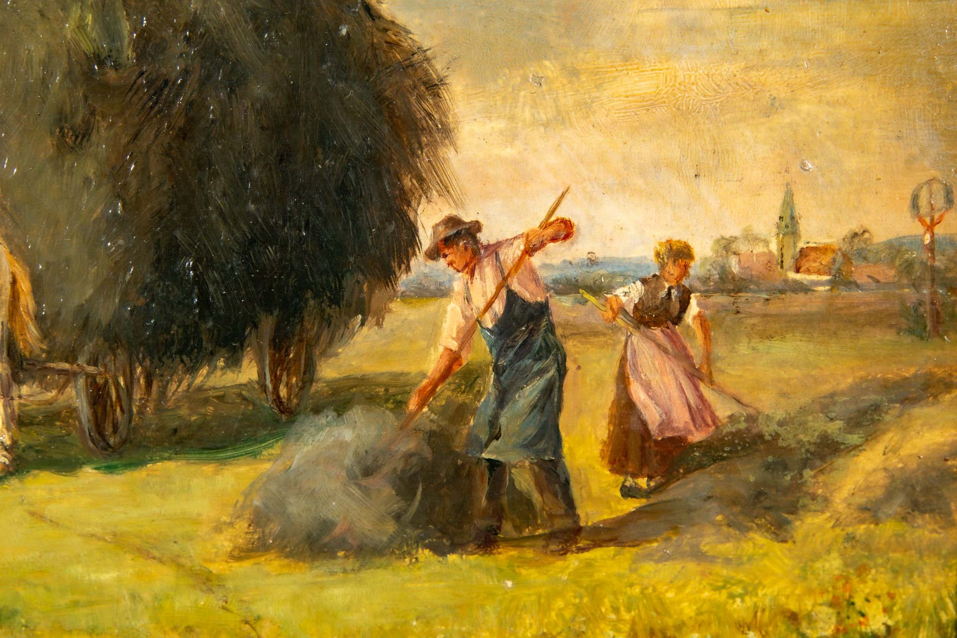 "Heuernte", kleinformatiges Gemälde, Öl auf Schichtholztafel, ca. 18 x 28 cm, unten rechts signiert - Bild 5 aus 8