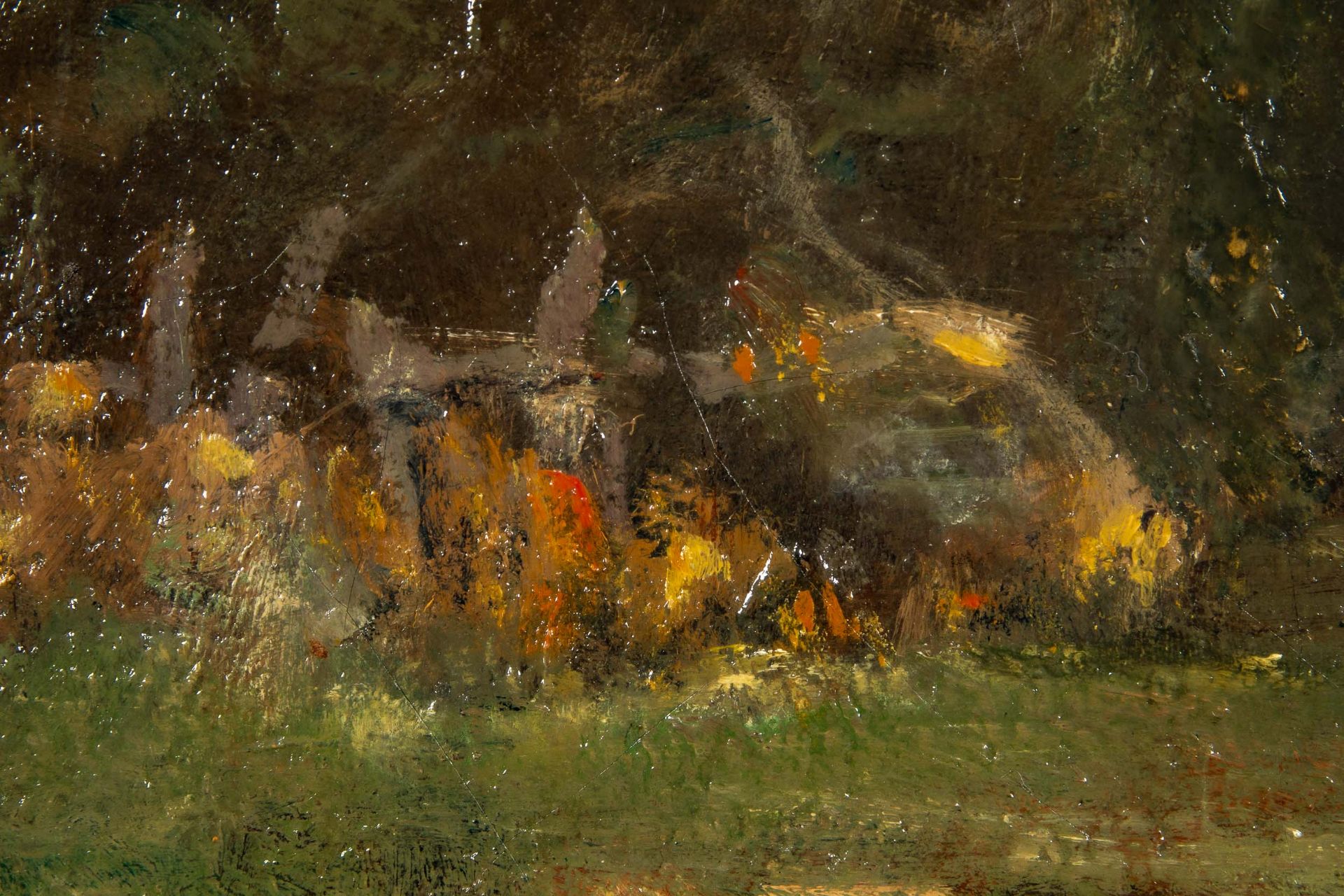 "Uferpartie", Gemälde, Öl auf Leinwand ca. 53 x 100 cm. Herbstliche Landschaft mit Dorfidyll an fli - Bild 9 aus 19