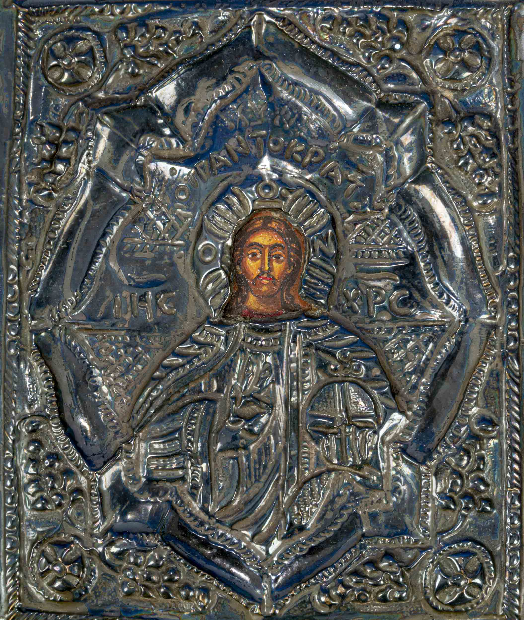 Kleinformatige Silberoklad - Ikone des 20. Jhdts., das handgemalte Gesicht von Oklad umgeben, rücks - Image 4 of 5