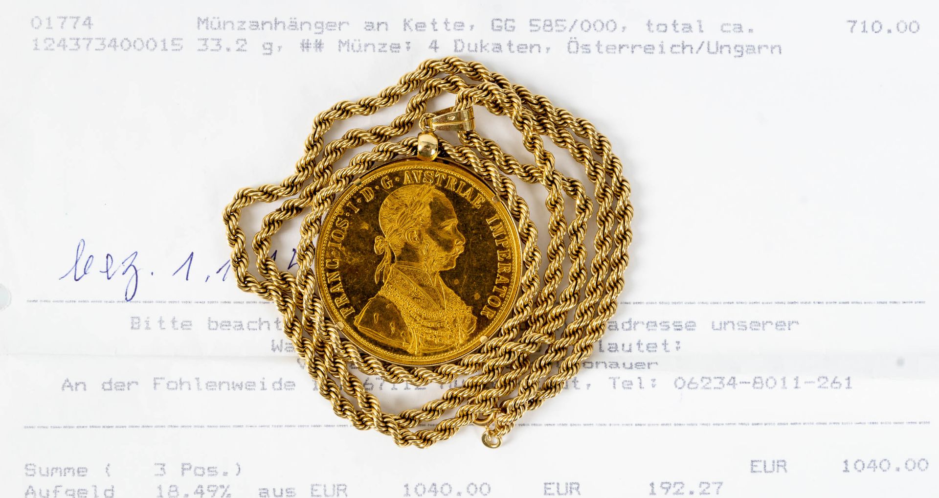 Münzanhänger an Kordelkette, 585er Gelbgold ( Kettenlänge ca. 60 cm). Münze: 4 Dukaten ( Österreich - Bild 8 aus 8