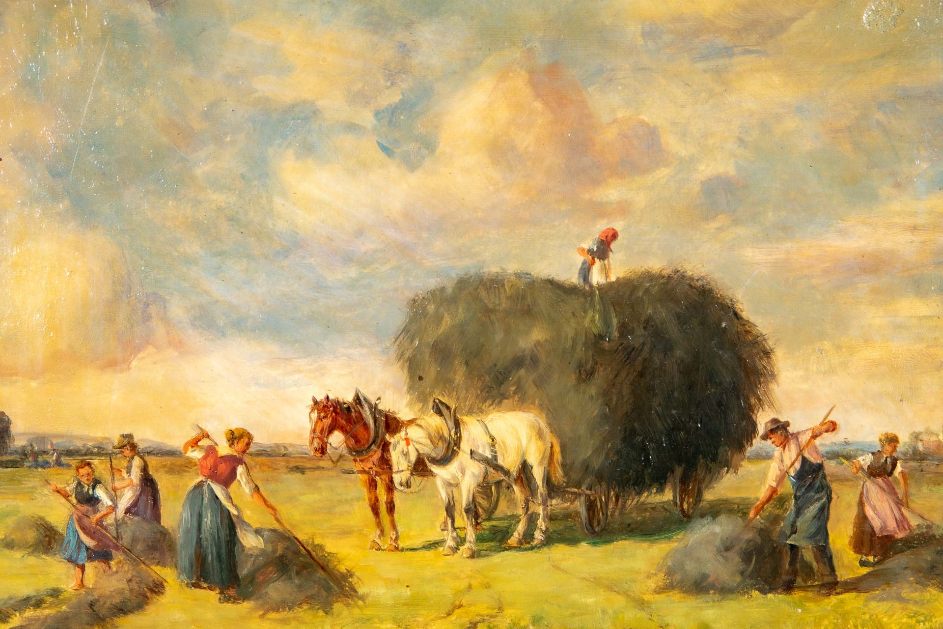 "Heuernte", kleinformatiges Gemälde, Öl auf Schichtholztafel, ca. 18 x 28 cm, unten rechts signiert - Image 3 of 8
