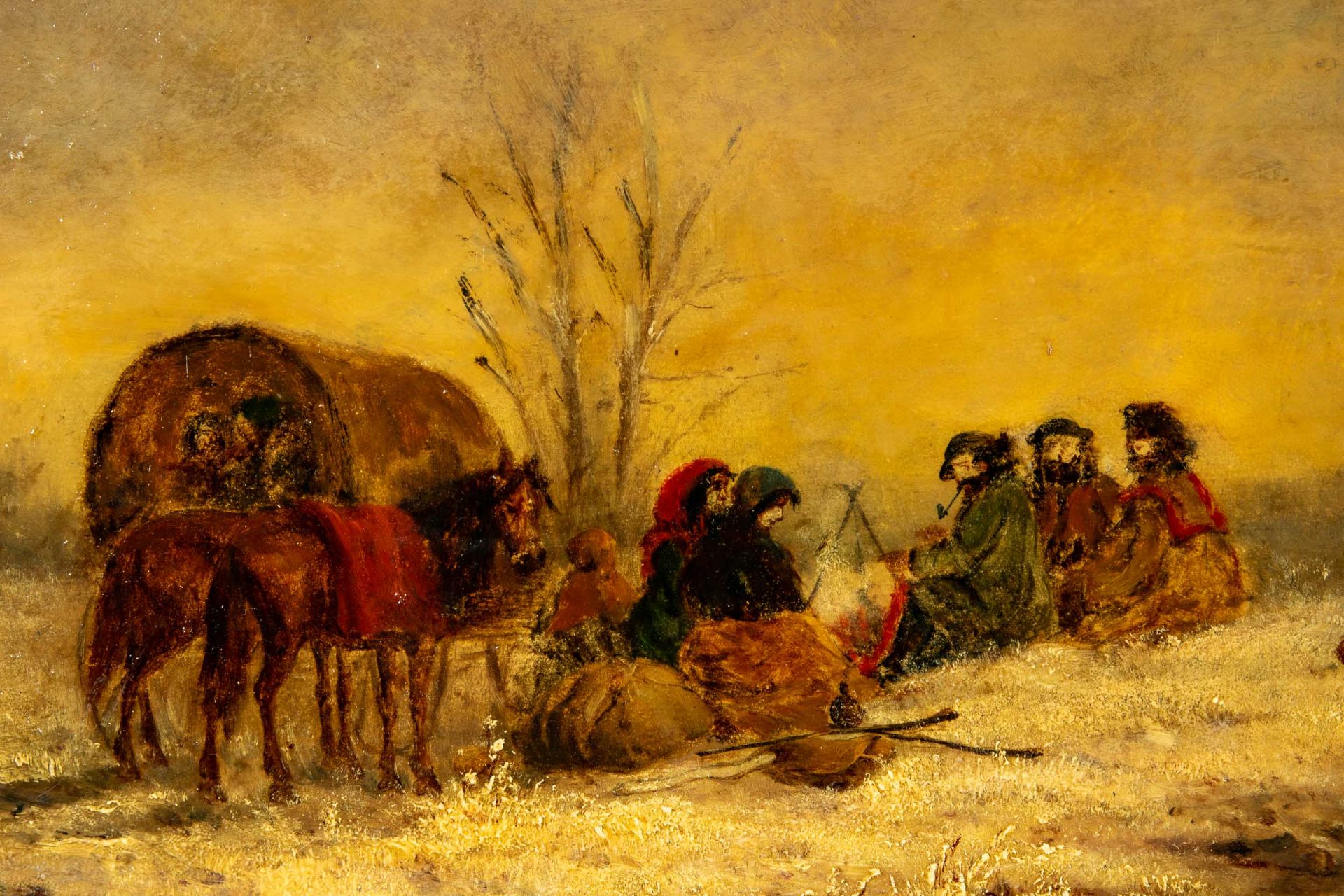 "Rast am Planwagen" im russischen Winter, Gemälde Öl auf Holztafel, ca. 23,5 x 47,5 cm, unten links - Image 4 of 13