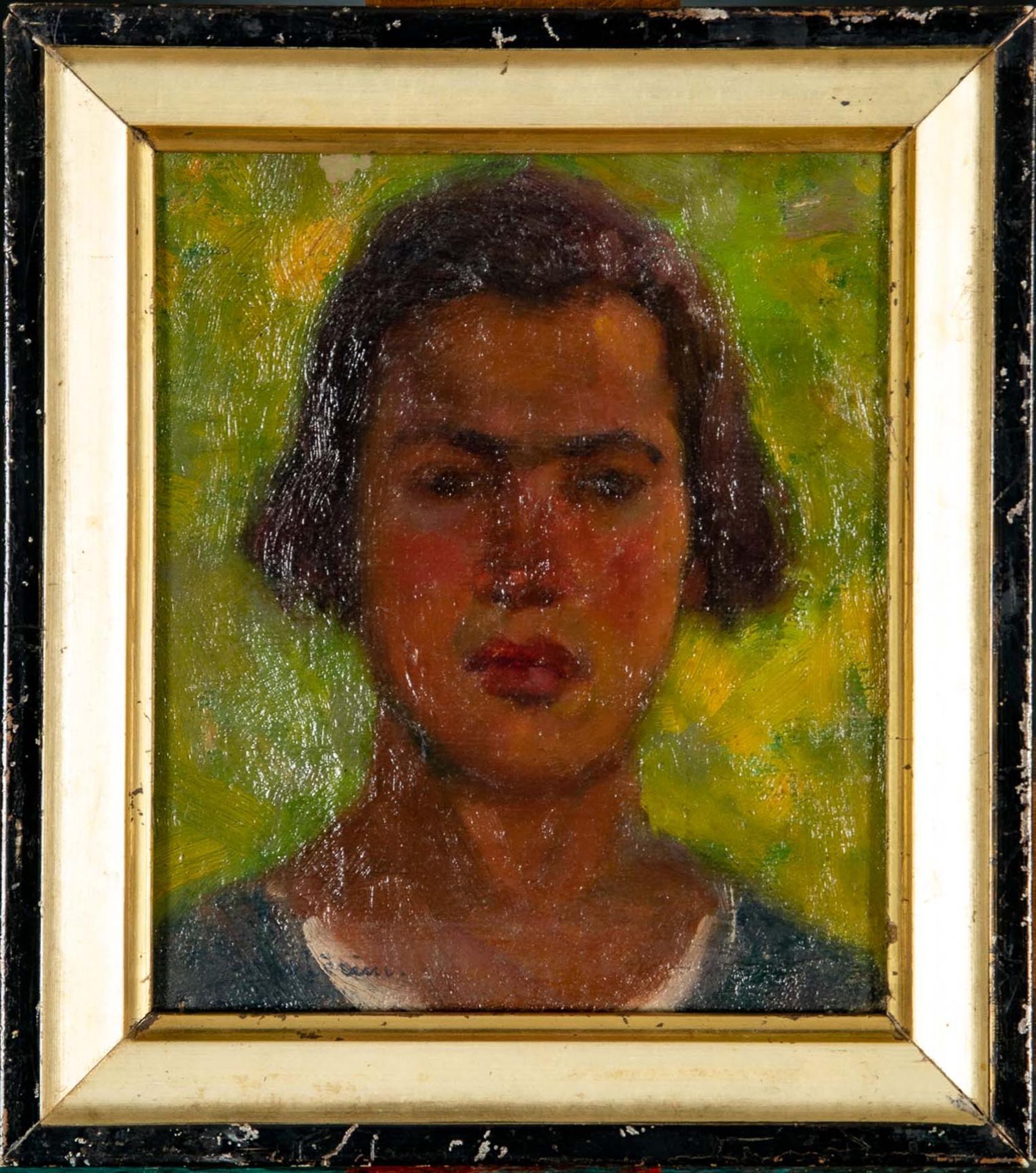 "Porträt", Kopfporträt eines jungen Mannes vor grünlich- gelbem Hintergrund; kleinformatiges Gemäld