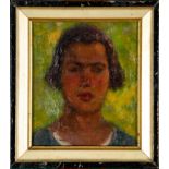 "Porträt", Kopfporträt eines jungen Mannes vor grünlich- gelbem Hintergrund; kleinformatiges Gemäld