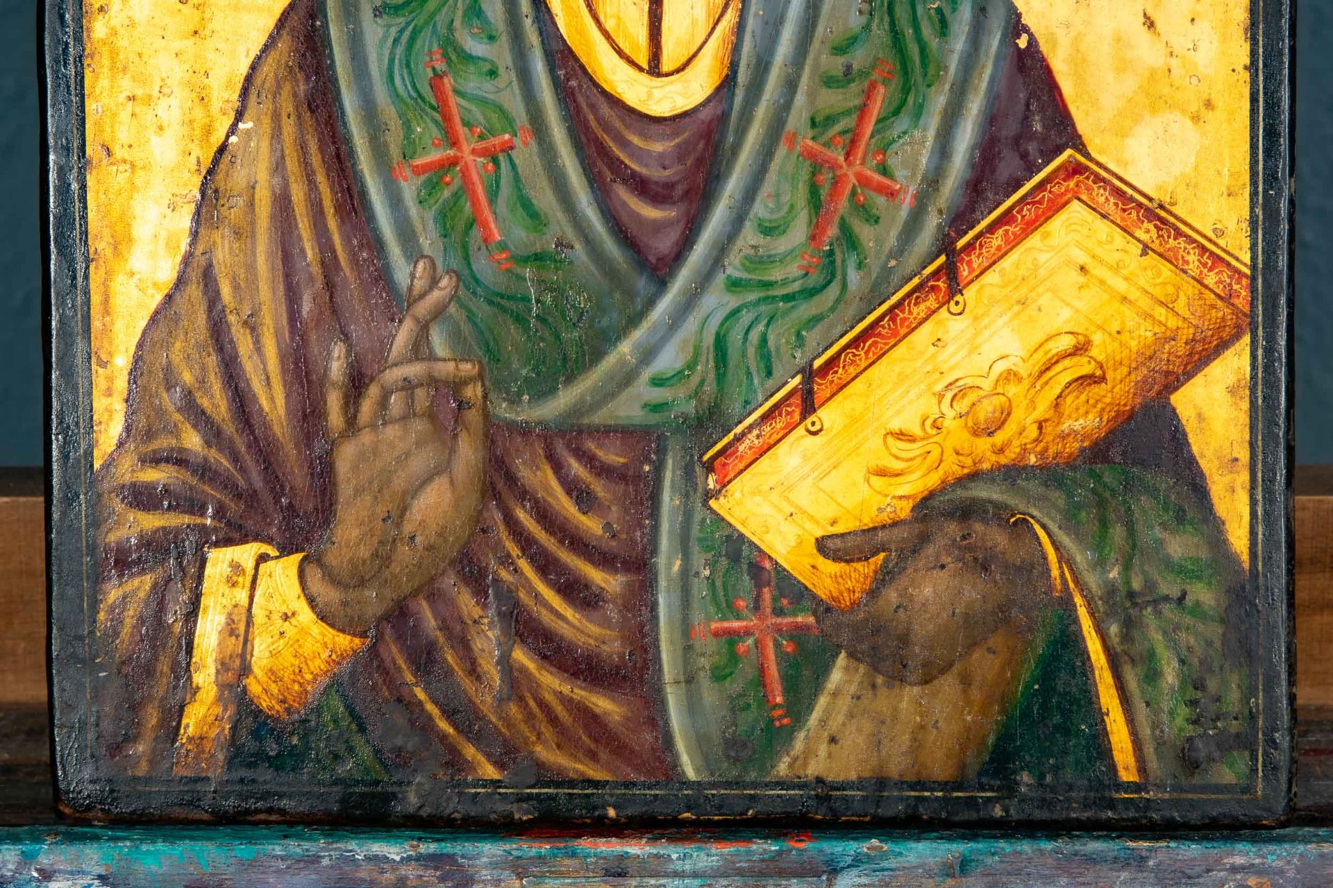 Antike griechische Ikone "Christus Pantokrator", Tempera auf Eichenholztafel, 19./ 20. Jhdt., gerin - Bild 5 aus 5