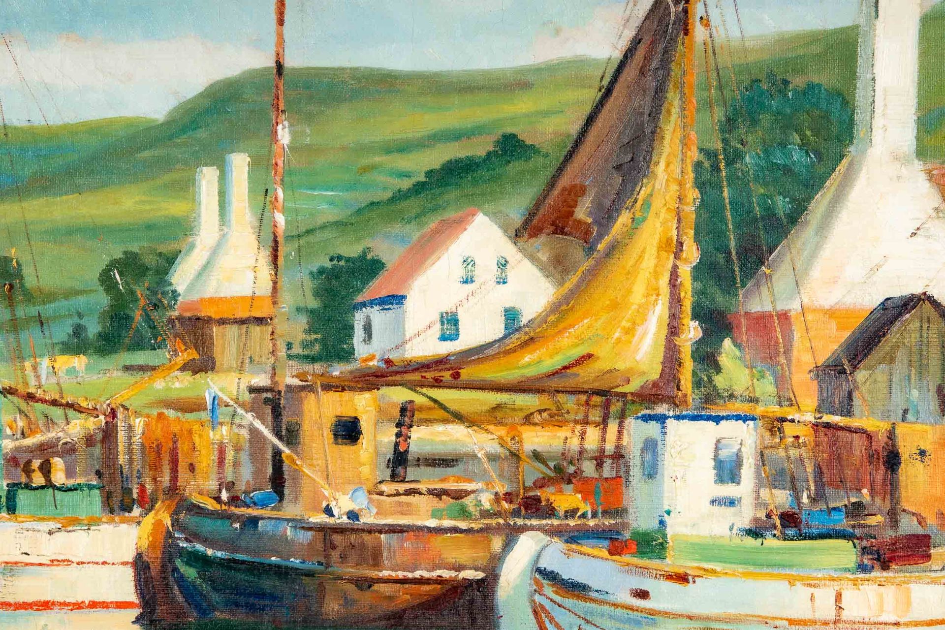 "Farbenfroher dänischer Hafen", großformatiges Gemälde, ca. 88 x 130 cm, unten links signiert: "Aru - Bild 5 aus 8
