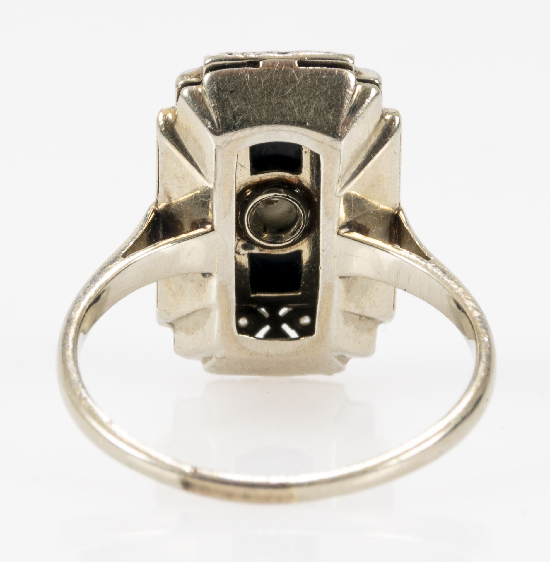 Feiner Art-Deco Damenring, 14 k Weißgoldfassung mit Onyx & Markasitenbesatz; mittig viereckig gefas - Image 6 of 7