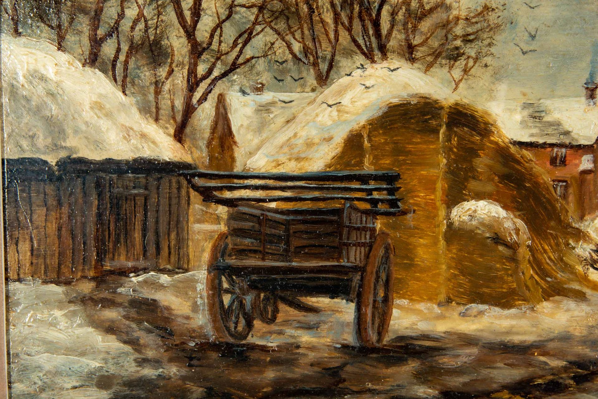 "Winterliche Hofanlage", Öl auf Malkarton/ Malpappe, auf Holz geklebt. Ca. 15 x 22 cm, unten rechts - Image 4 of 8