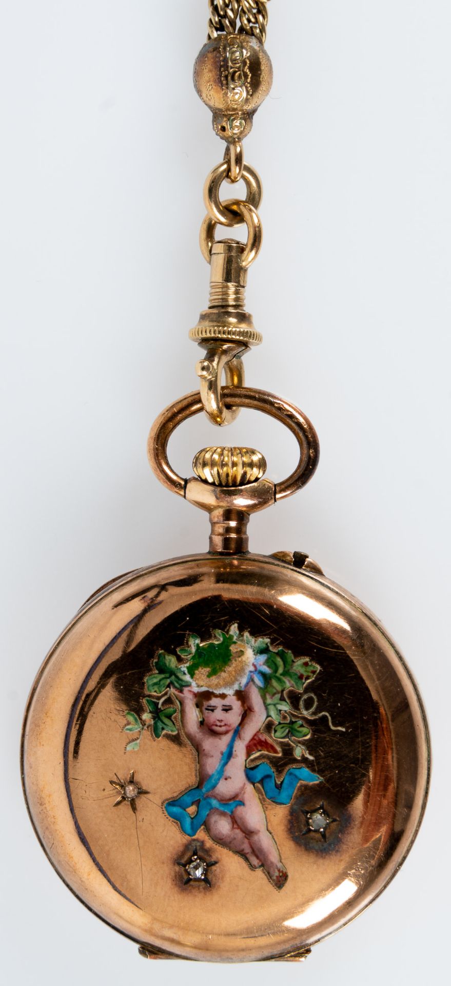 Antike, feine Damentaschenuhr an langer Uhrenkette. Rotgold 14 kt., Uhr um 1890; Durchmesser ca. 2, - Bild 5 aus 13