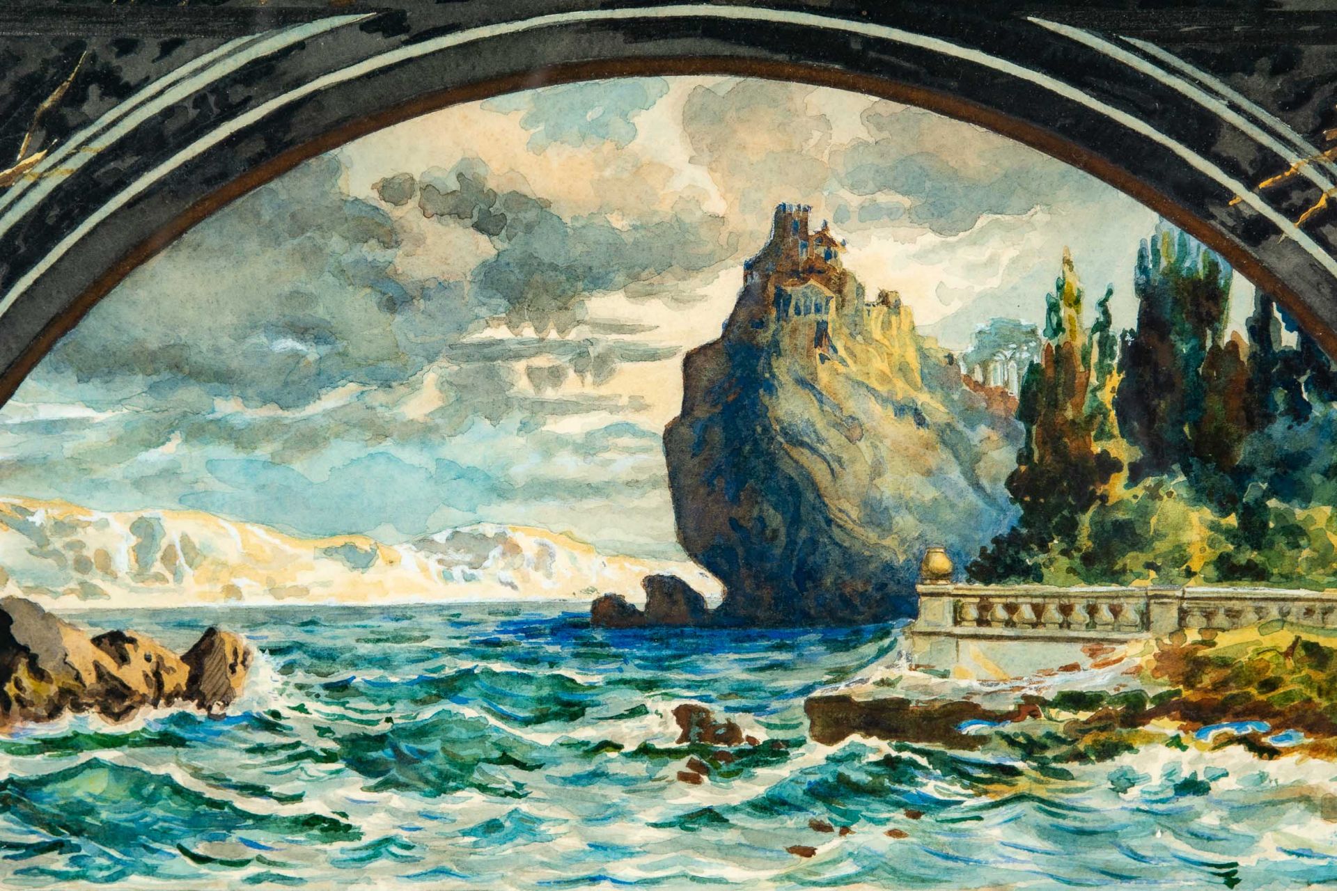 "Südeuropäische Szenerie mit Bergkloster", Mischtechnik bzw. aquarellierte Zeichnung, hinter Glas g - Bild 3 aus 12